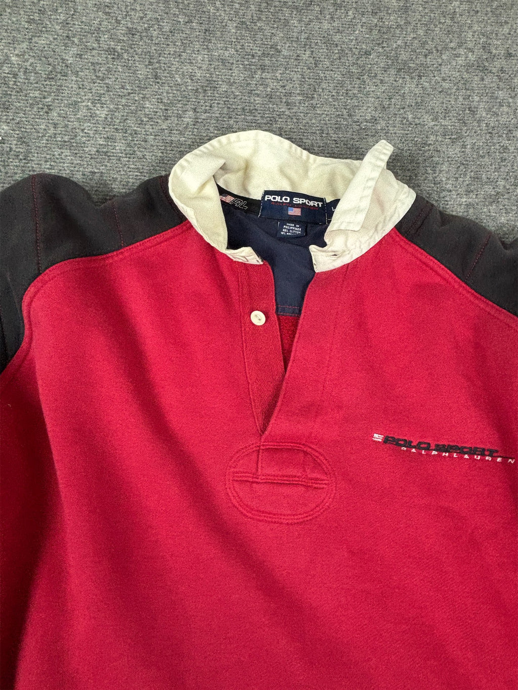 Vintage 90's Polo Sport Rugby Jumper Men's L Red Navy Embroidered Logo Collard Sweatshirt Collared