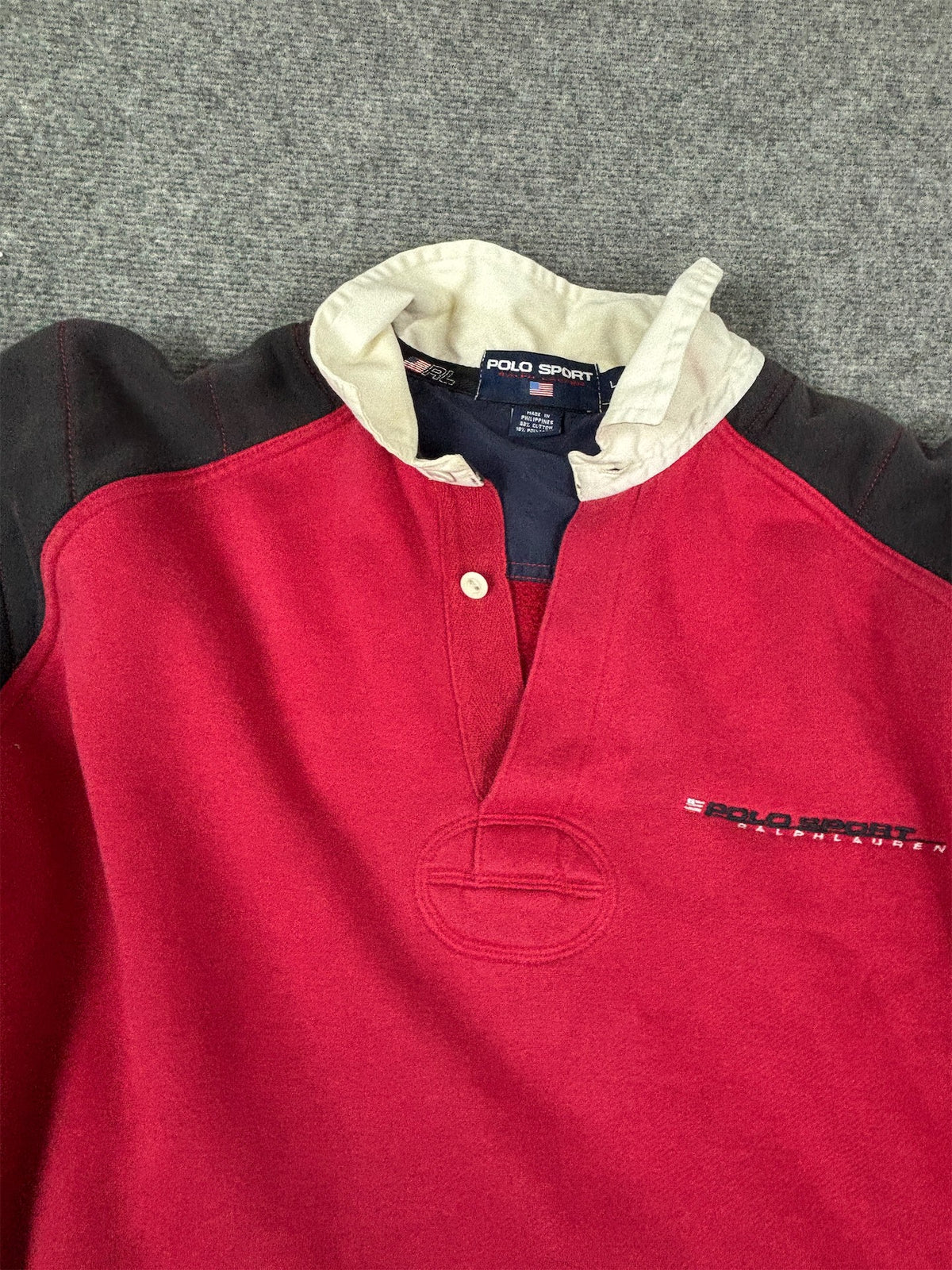Vintage 90's Polo Sport Rugby Jumper Men's L Red Navy Embroidered Logo Collard Sweatshirt Collared