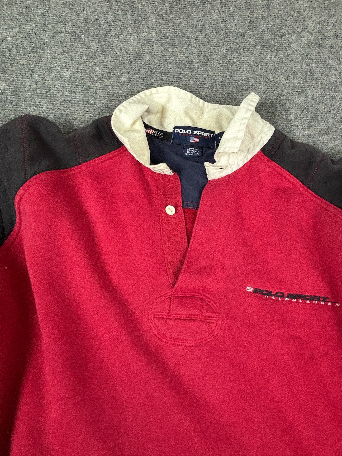 Vintage 90's Polo Sport Rugby Jumper Men's L Red Navy Embroidered Logo Collard Sweatshirt Collared