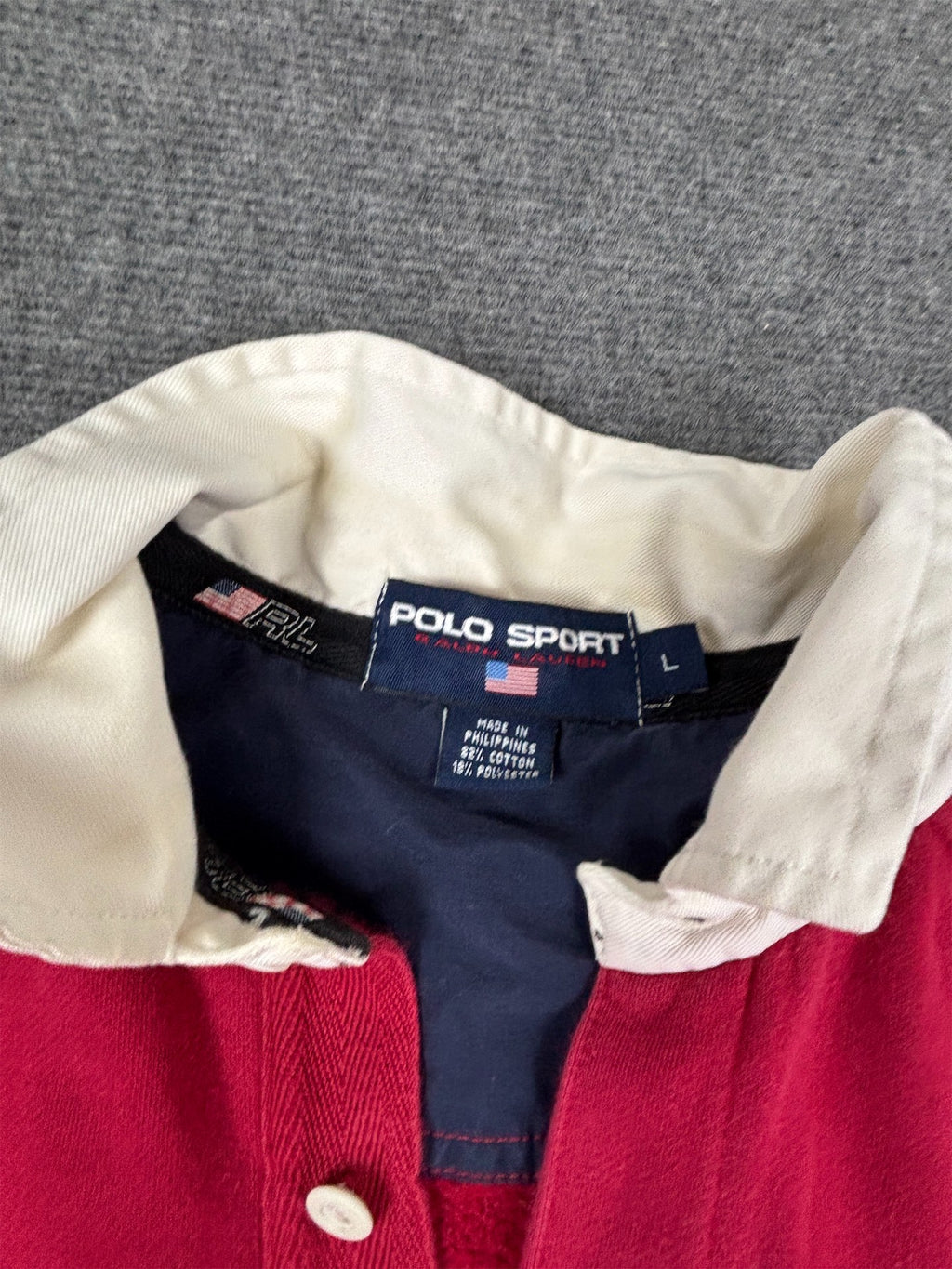 Vintage 90's Polo Sport Rugby Jumper Men's L Red Navy Embroidered Logo Collard Sweatshirt Collared