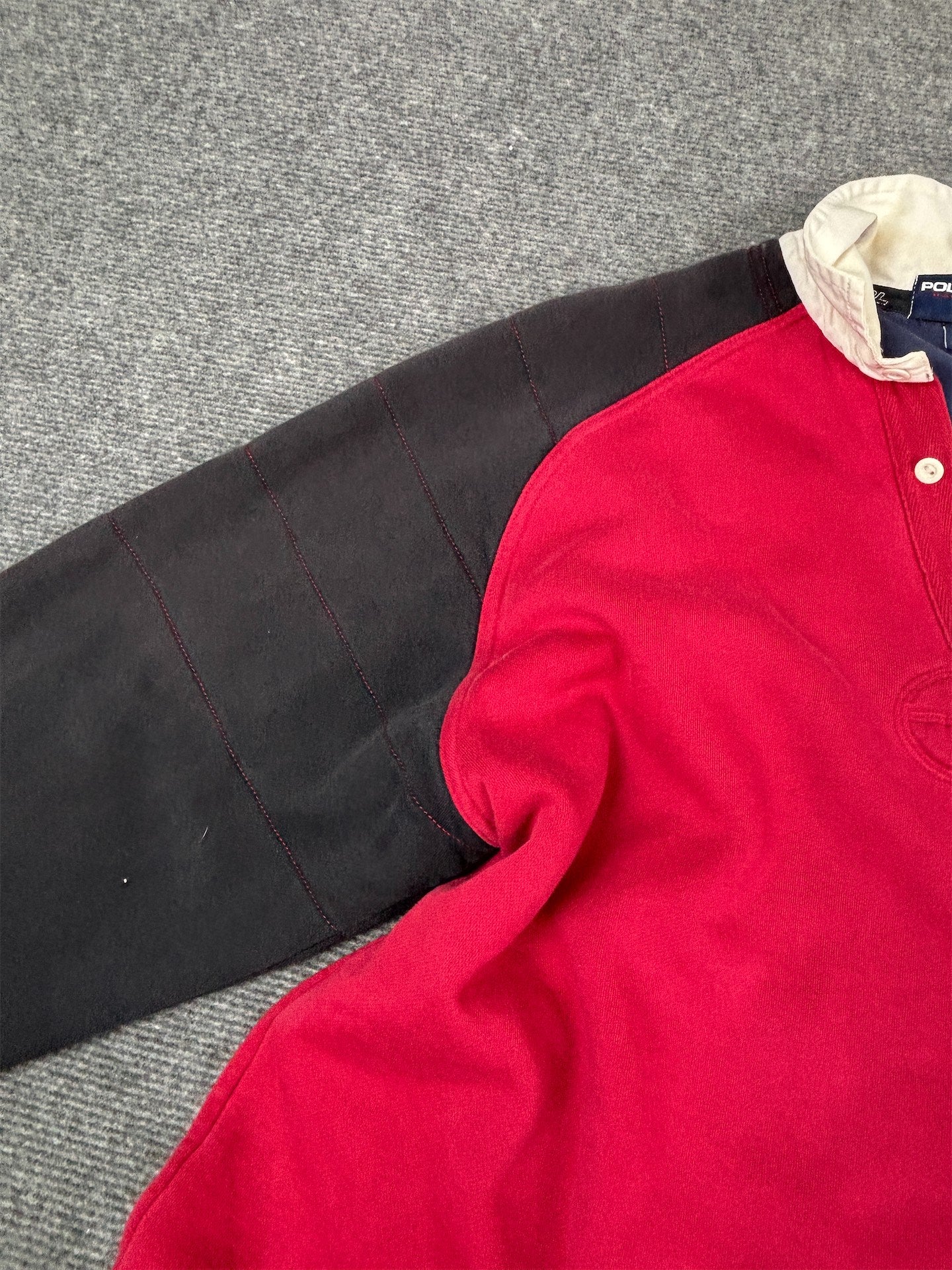Vintage 90's Polo Sport Rugby Jumper Men's L Red Navy Embroidered Logo Collard Sweatshirt Collared