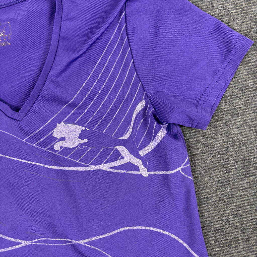 y2k Puma V-neck Activewear Top Women's Small Purple Silver Japan Stock