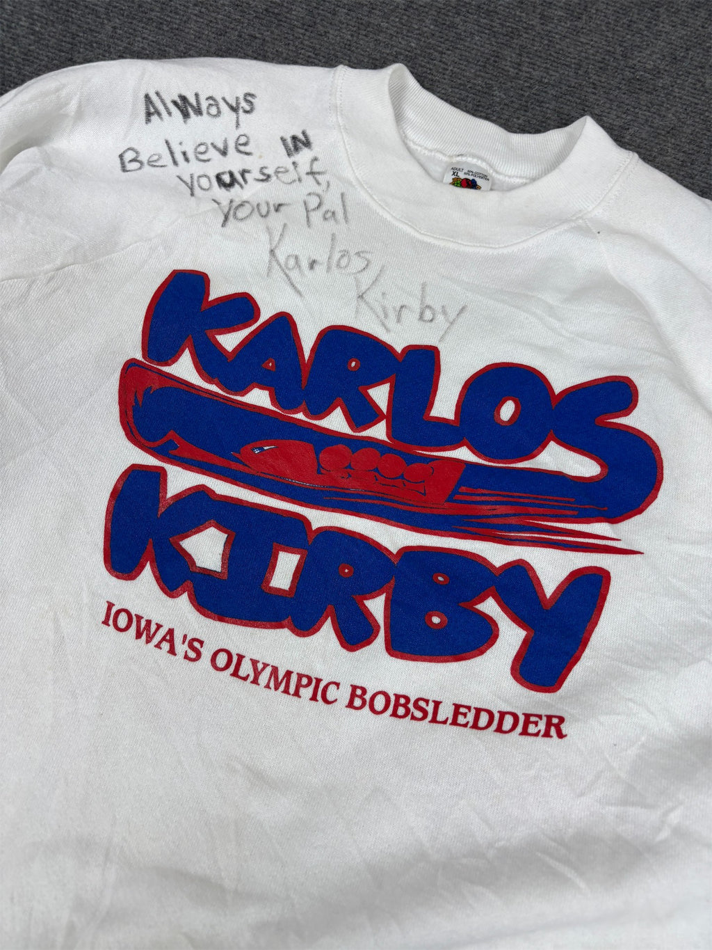Vintage 90's Fruit of the Loom Jumper Men's XL White USA Bobslead Team Signed Sweatshirt Crew Neck
