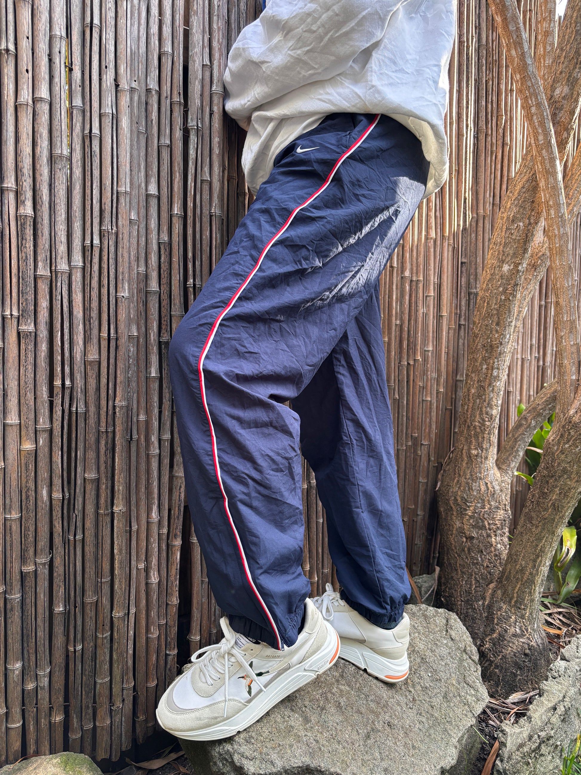 Vintage Y2K Nike Track Pants Size M Navy Red Piping Swoosh Wide Leg Nylon Windbreakers