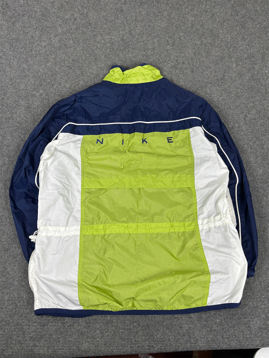 Vintage 90s Nike Jacket Womens M Blue Green Spell Out Logo Bungee Nylon Windbreaker