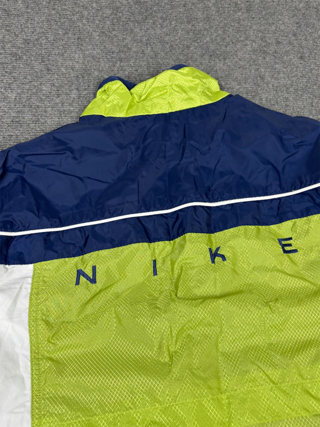 Vintage 90s Nike Jacket Womens M Blue Green Spell Out Logo Bungee Nylon Windbreaker
