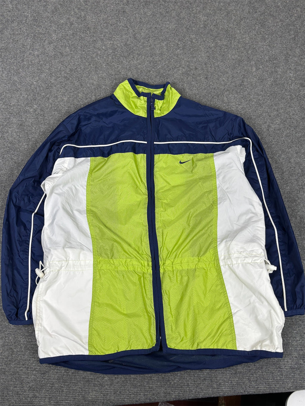 Vintage 90s Nike Jacket Womens M Blue Green Spell Out Logo Bungee Nylon Windbreaker