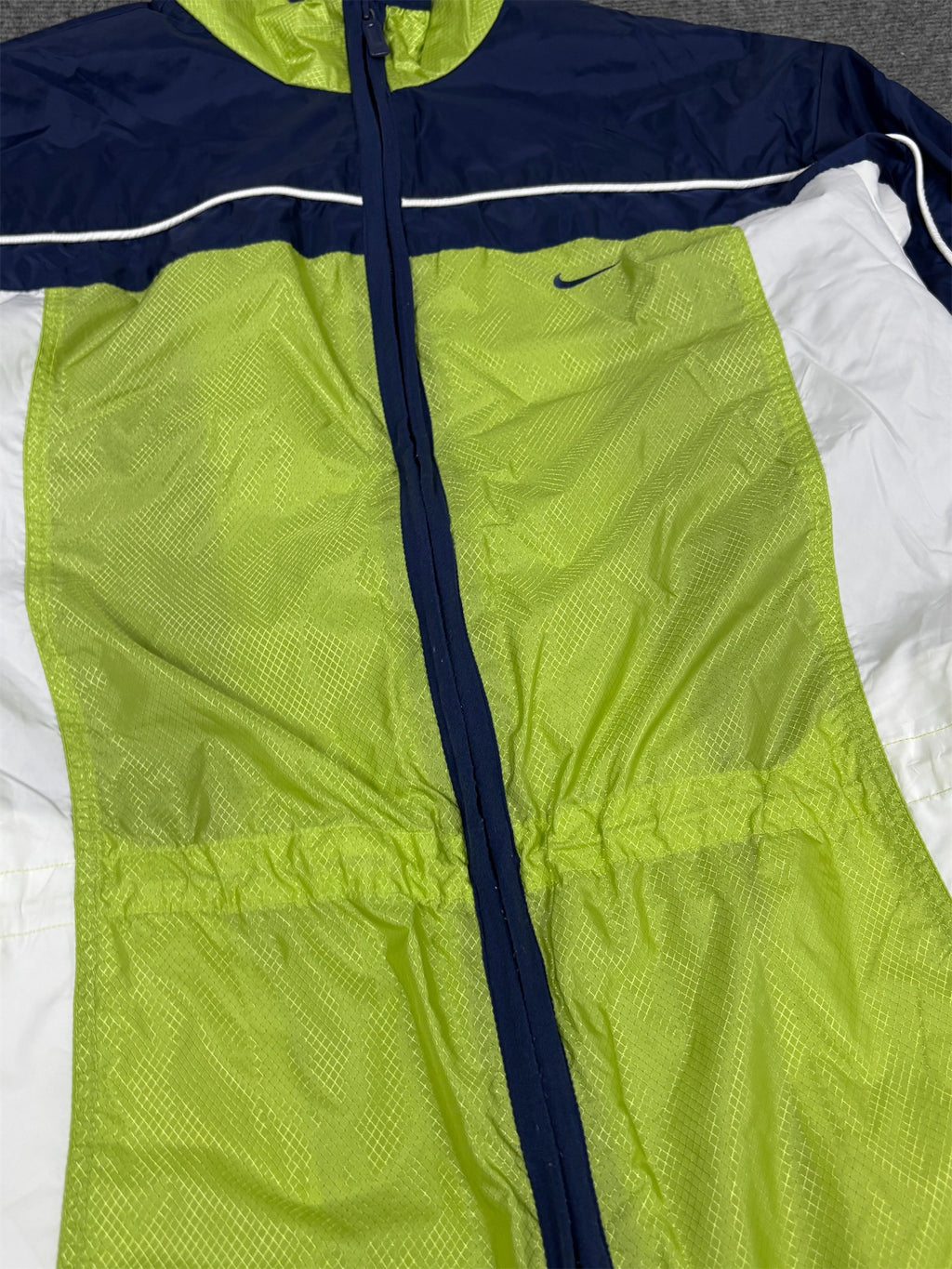 Vintage 90s Nike Jacket Womens M Blue Green Spell Out Logo Bungee Nylon Windbreaker