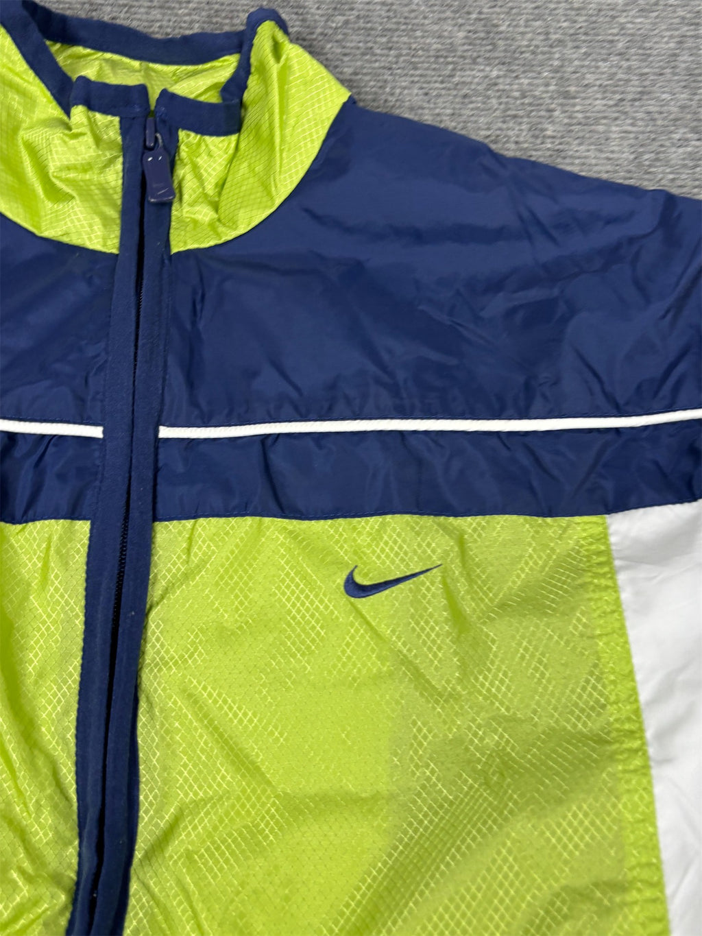 Vintage 90s Nike Jacket Womens M Blue Green Spell Out Logo Bungee Nylon Windbreaker