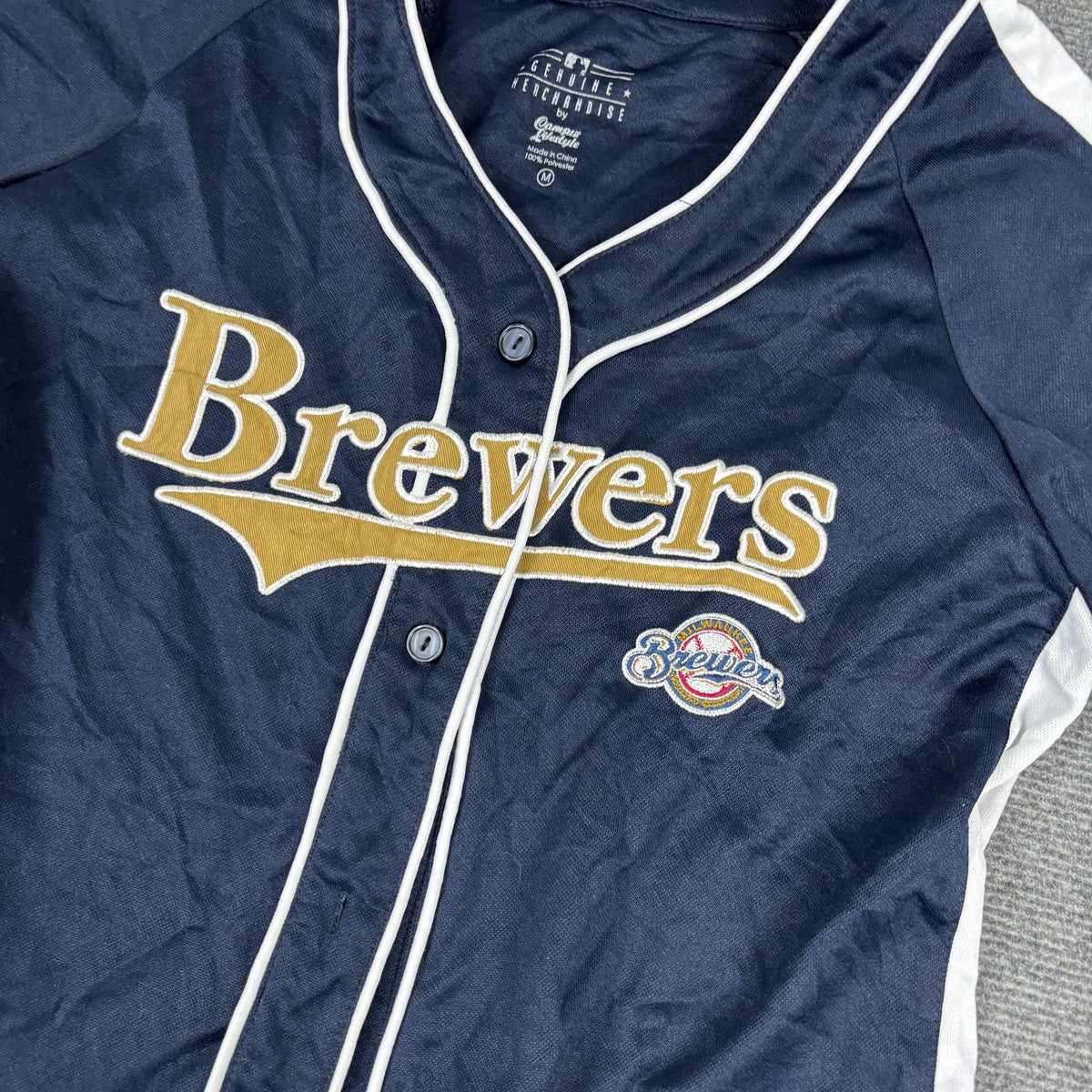 MLB Milwaukee Brewers Baseball Jersey Button Up Women's Medium Navy