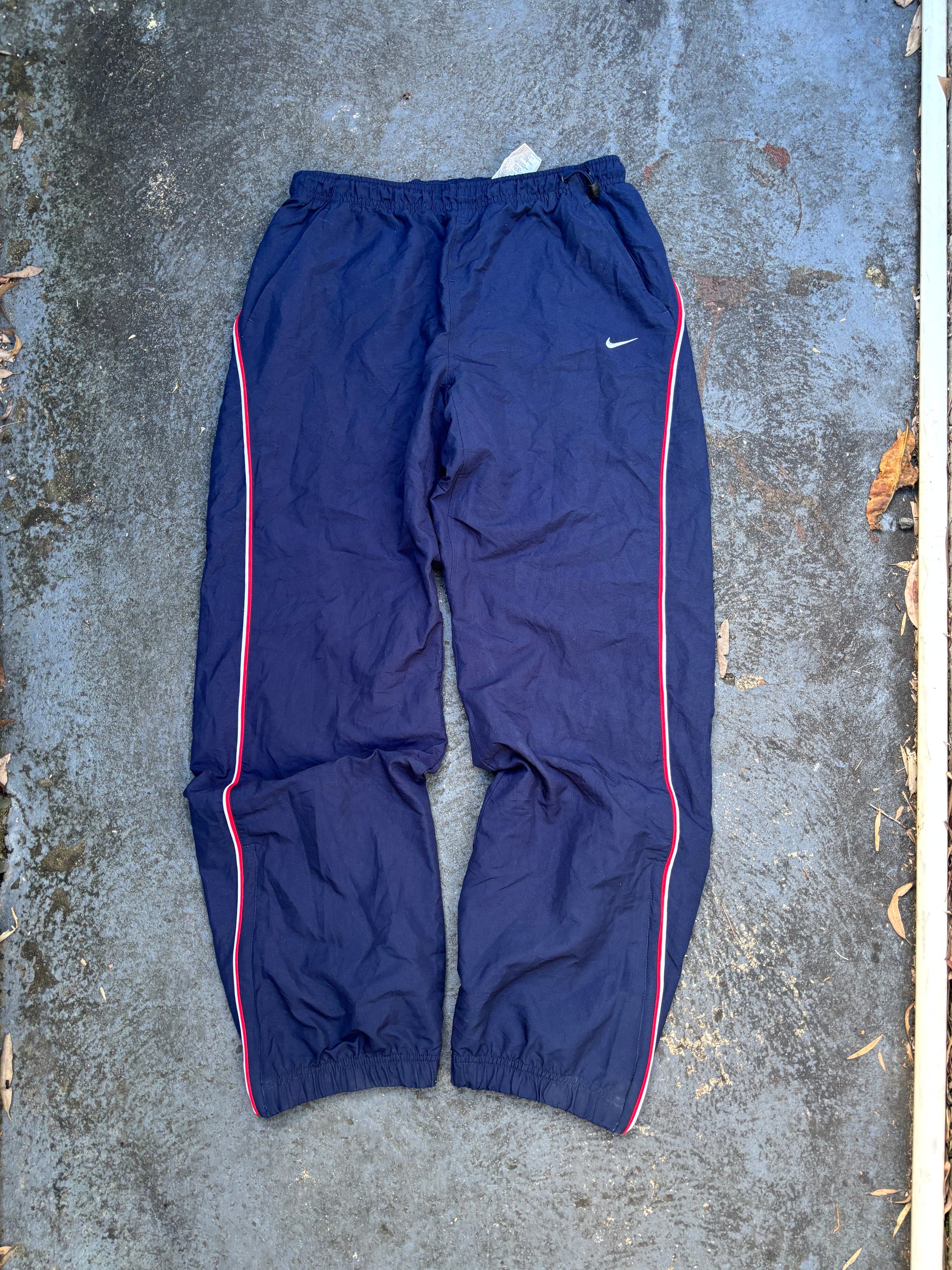 Vintage Y2K Nike Track Pants Size M Navy Red Piping Swoosh Wide Leg Nylon Windbreakers