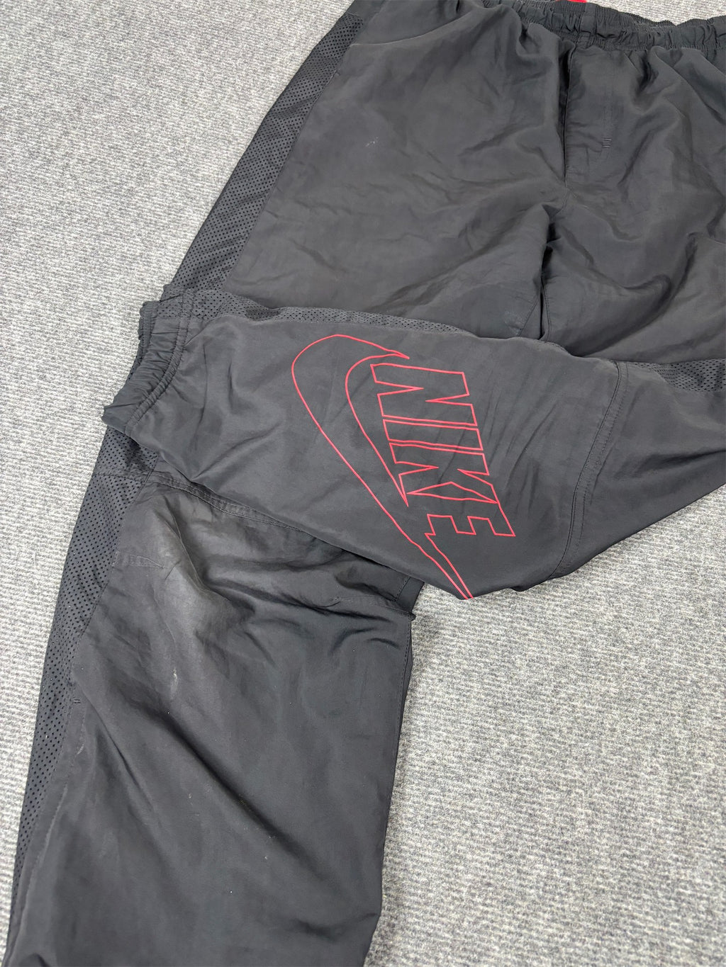 Y2K Nike Track Pants Men's L Black Red Spell Out Mesh Panel Joggers Tapered