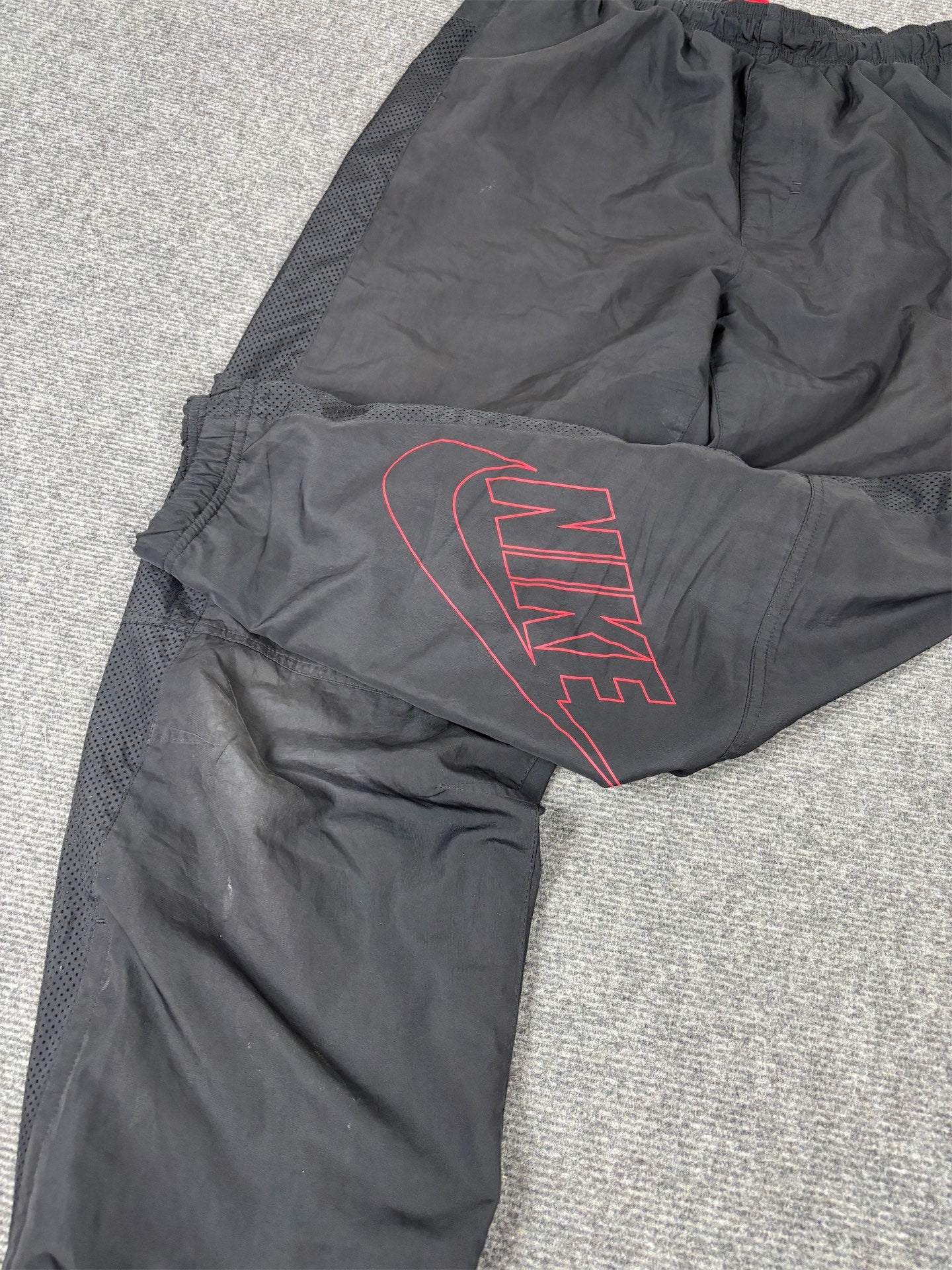 Y2K Nike Track Pants Men's L Black Red Spell Out Mesh Panel Joggers Tapered