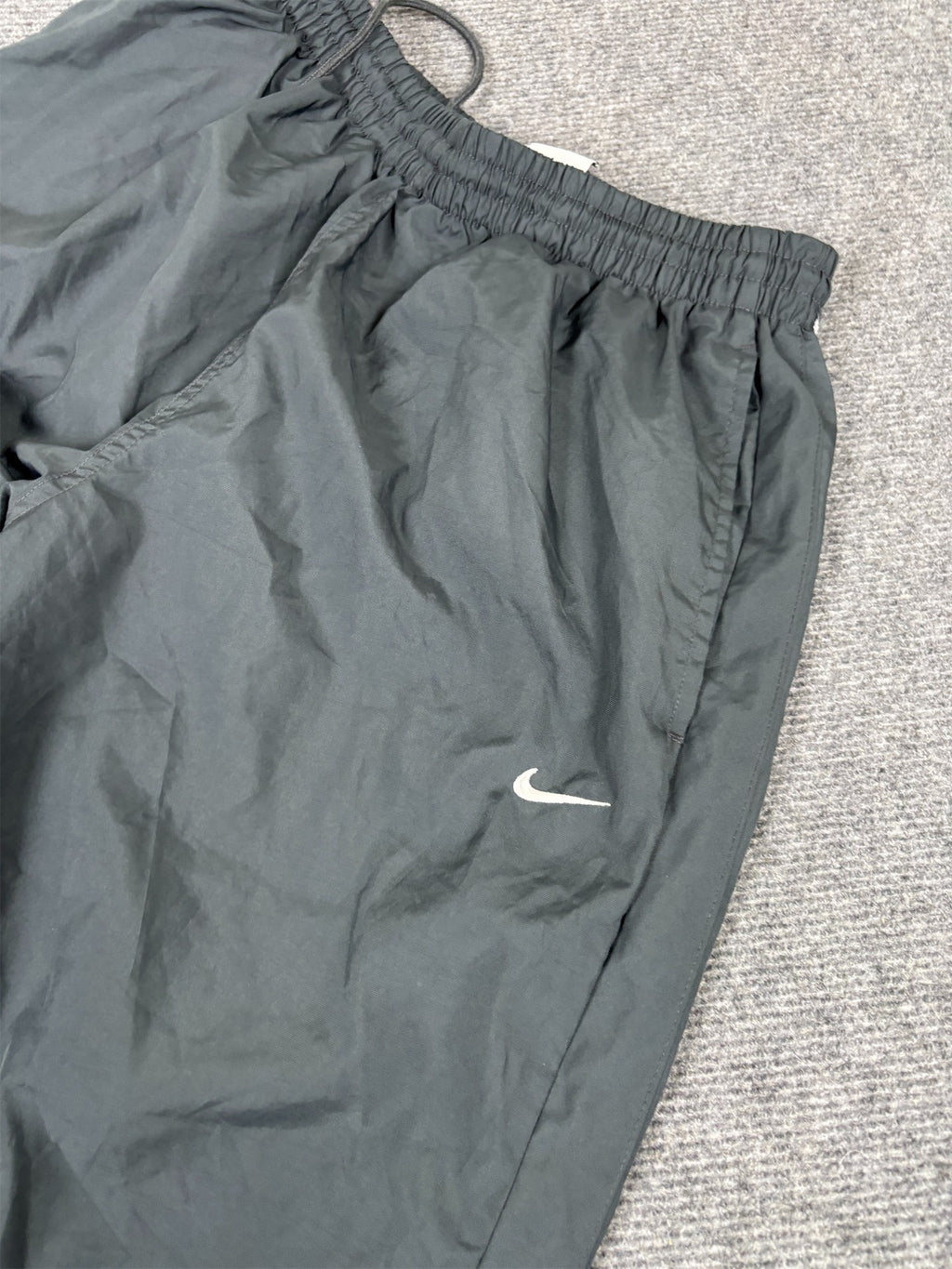Y2K 10s Nike Track Pants Men's M Black Dark Grey Swoosh Joggers Wide Leg