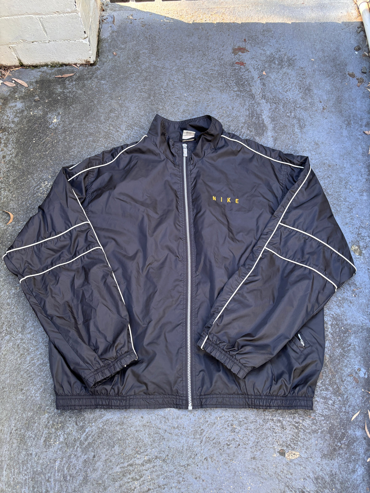 Vintage 90s Nike Jacket Size XL Black White Piping Spell Out Logo Swoosh Back Nylon