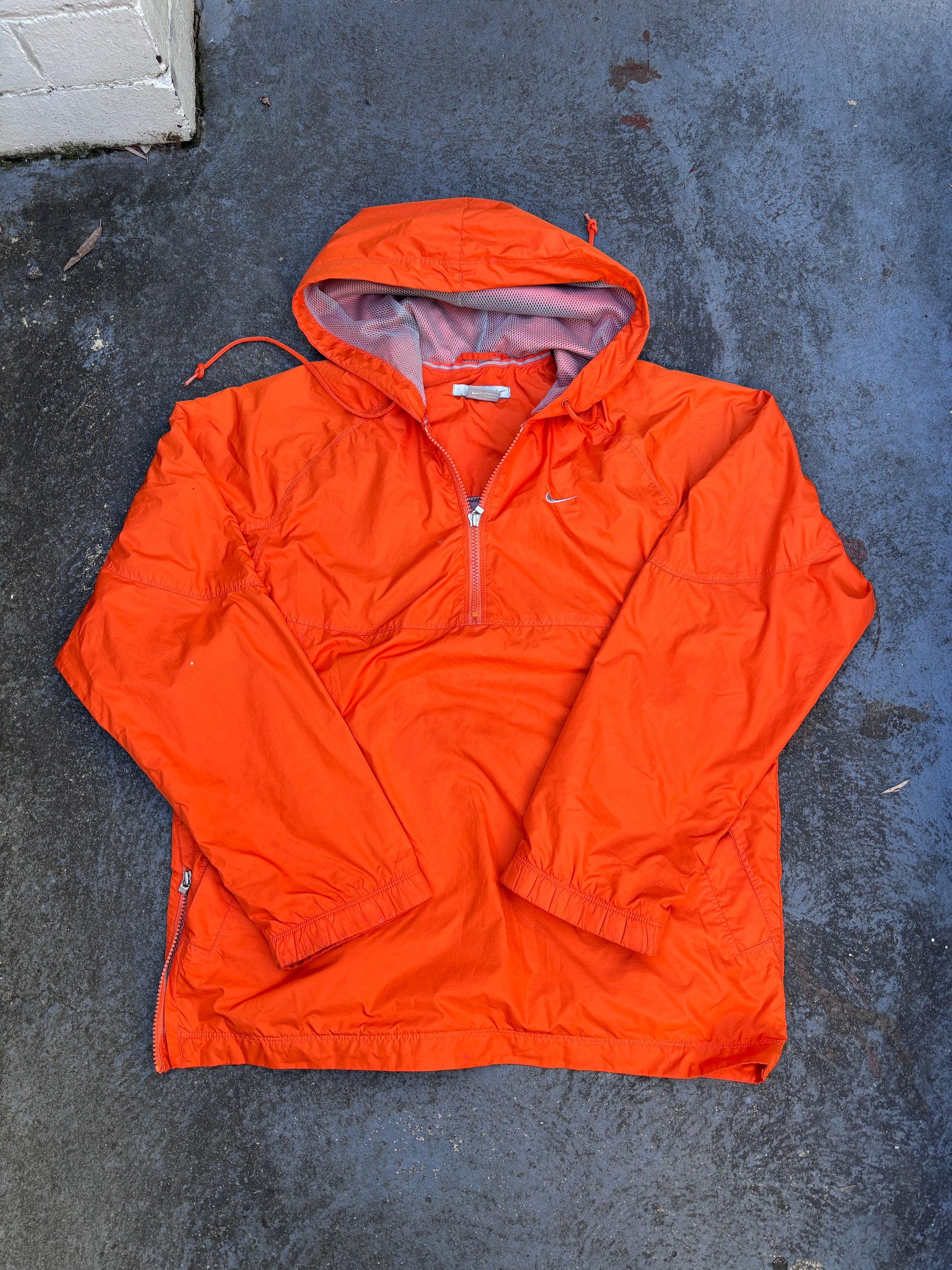 Vintage Y2K Nike 1/4 Zip Jacket Women’s S Orange Grey Swoosh Hooded Side Zip Pouch Pocket