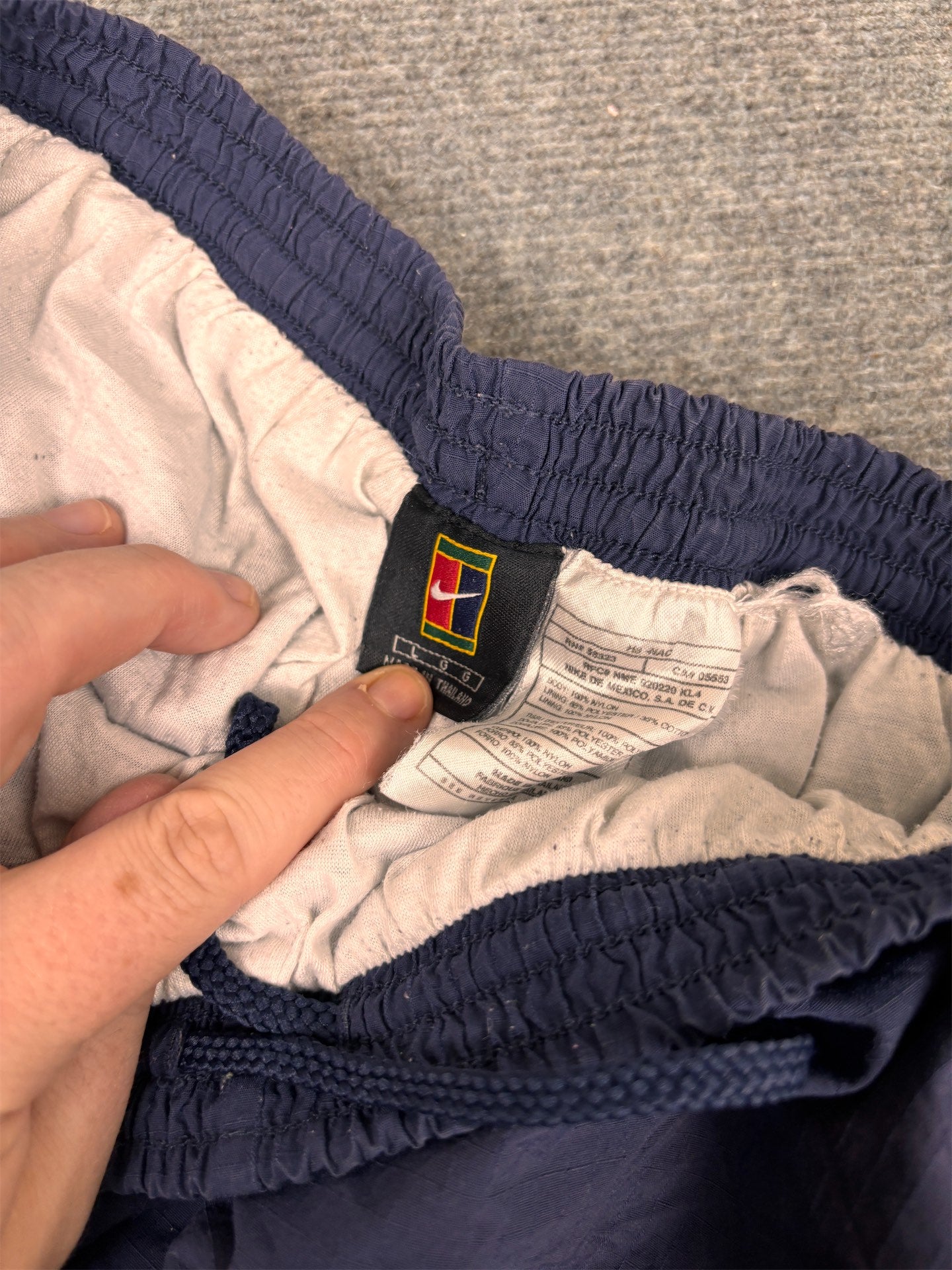 Vintage Y2K Nike Court Track Pants Men's L Navy White Swoosh Textured Joggers Wide Leg