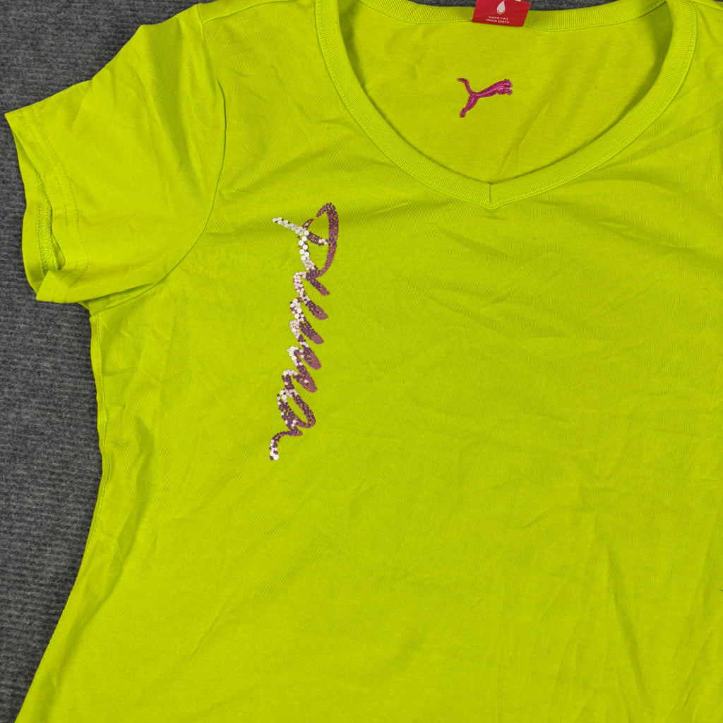 Y2K Puma Sequin Script V-Neck Top Women's XS Lime Green Petite Activewear T-shirt
