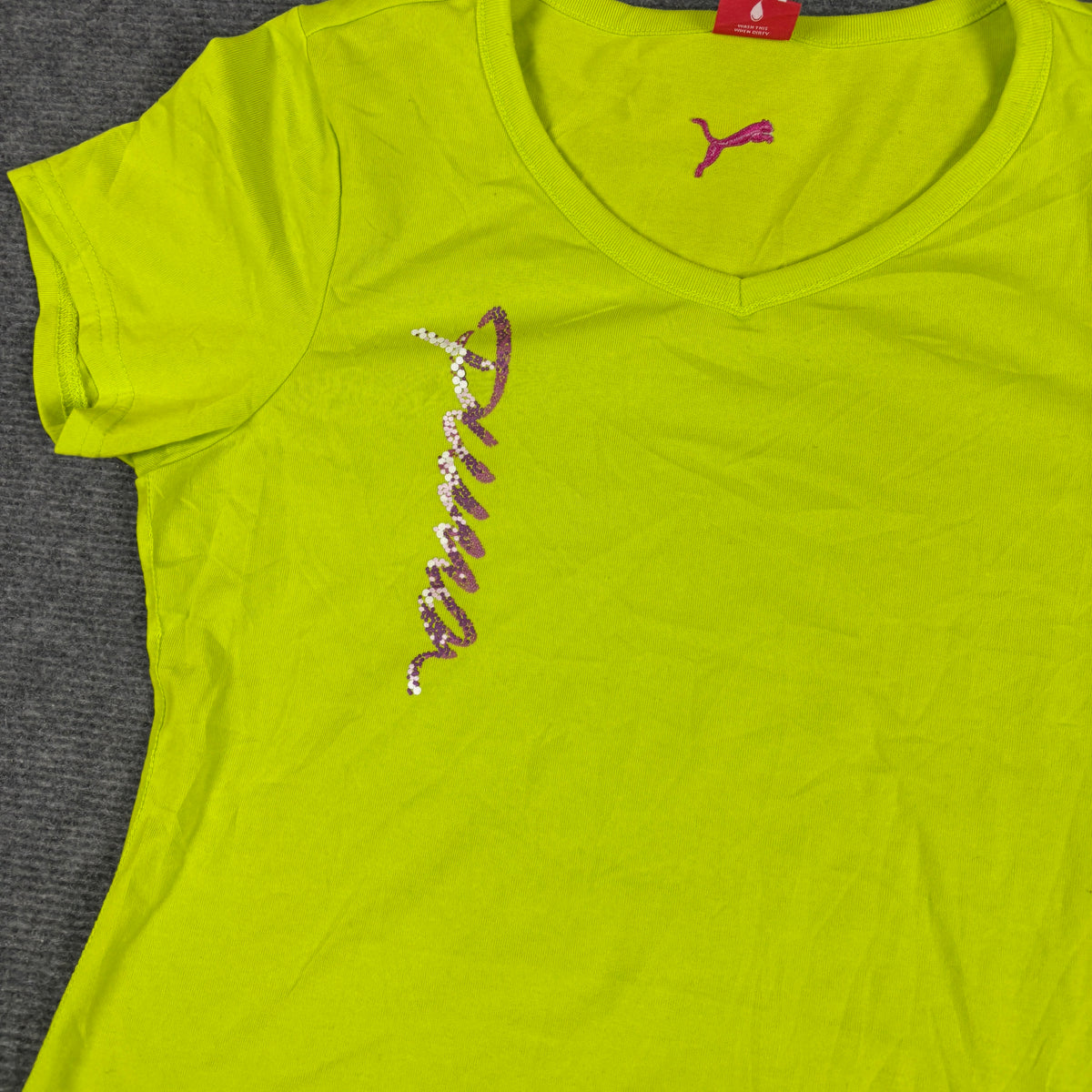 Y2K Puma Sequin Script V-Neck Top Women's XS Lime Green Petite Activewear T-shirt