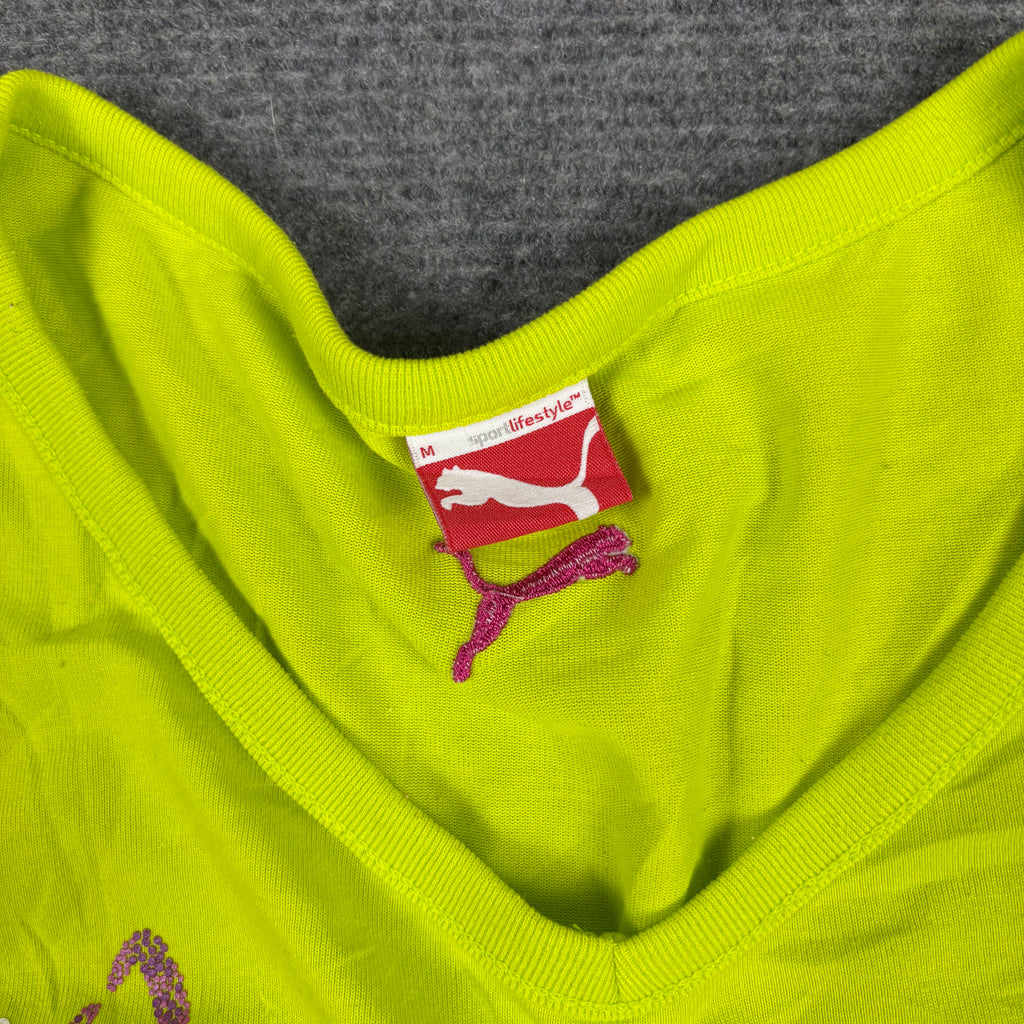 Y2K Puma Sequin Script V-Neck Top Women's XS Lime Green Petite Activewear T-shirt