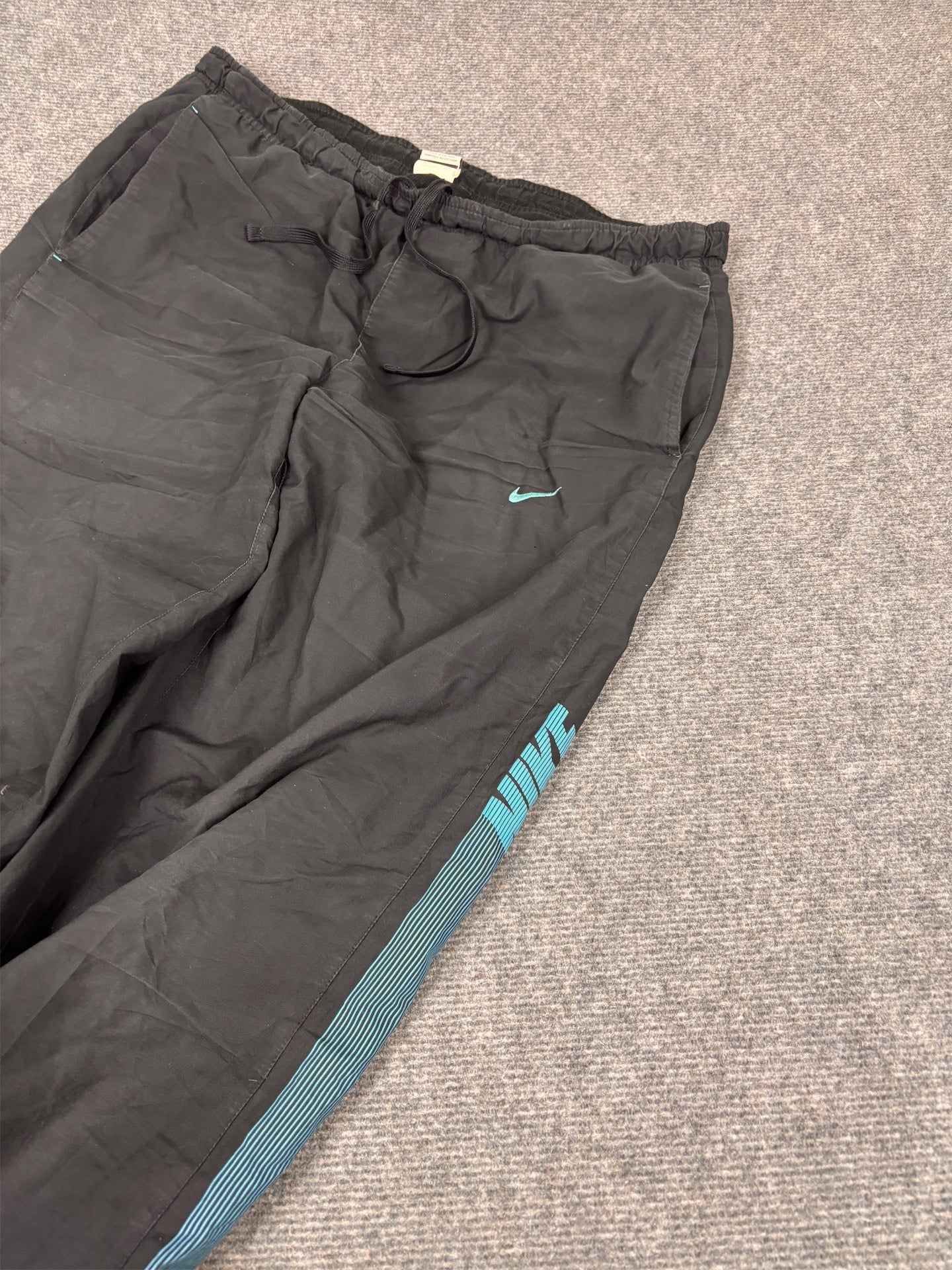 Y2K Nike Track Pants Men's M Black Blue Swoosh Spell Out Joggers Wide Leg