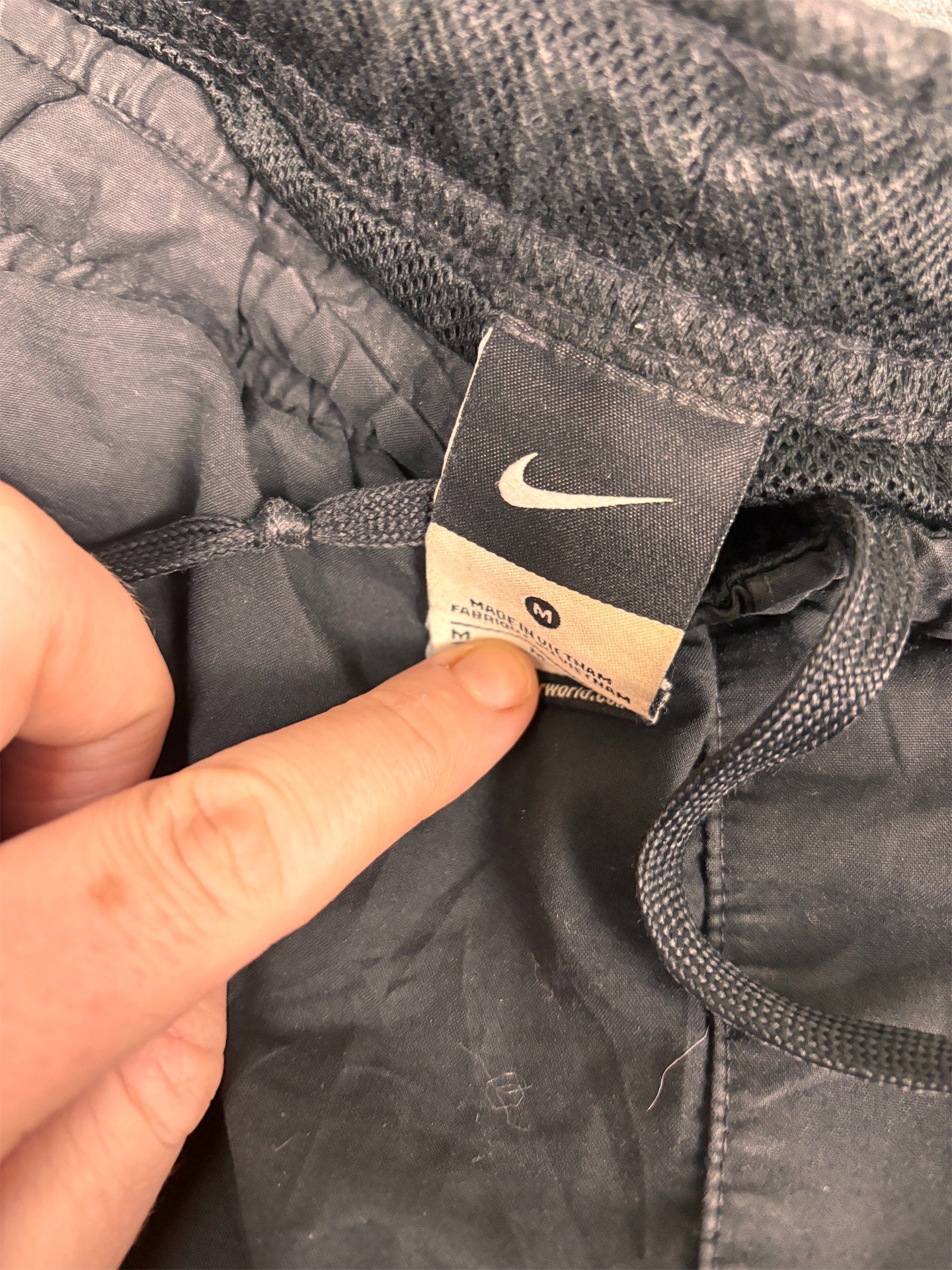 Y2K Nike Track Pants Men's M Black Blue Swoosh Spell Out Joggers Wide Leg