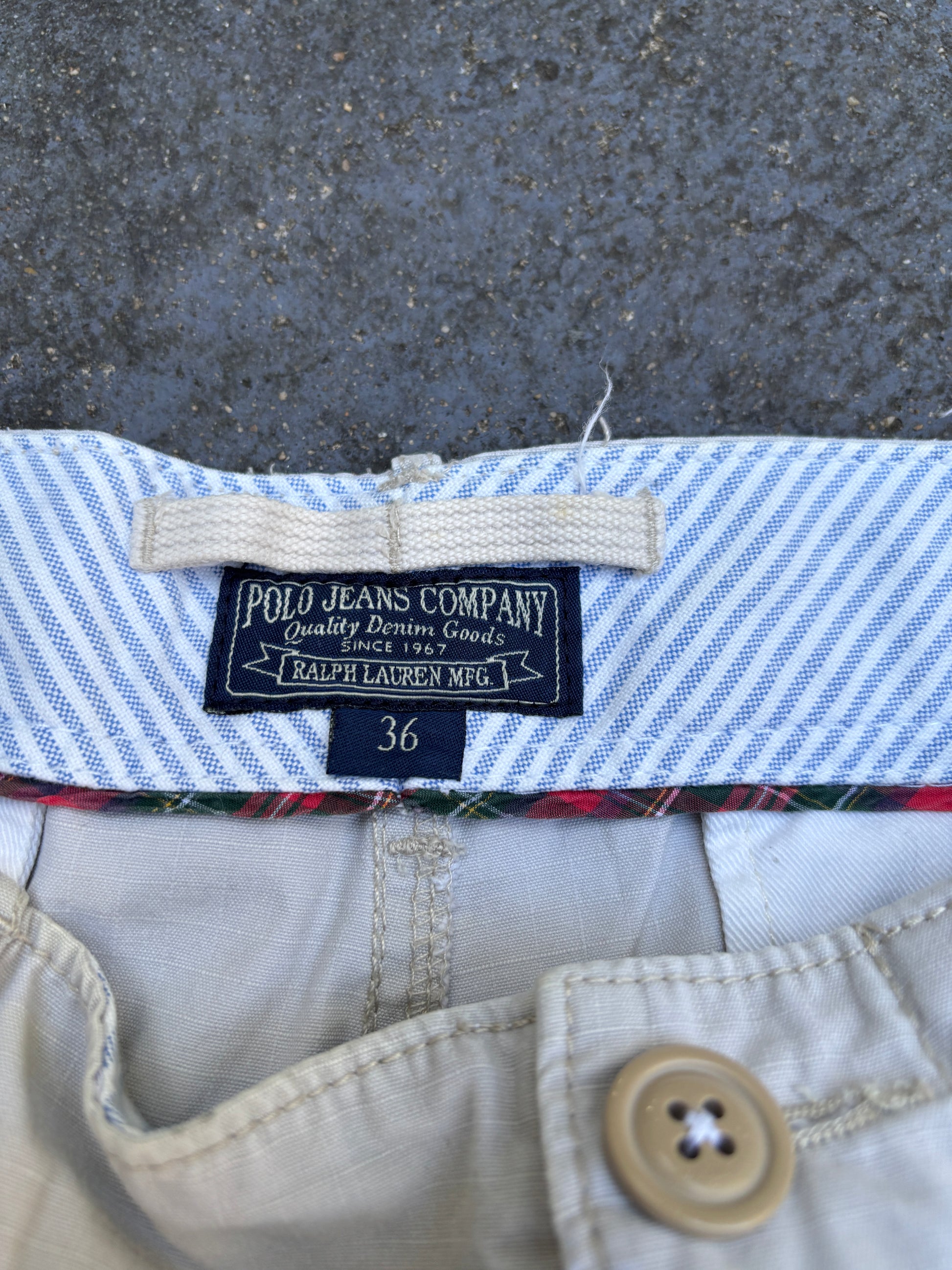 Vintage 90s Polo Ralph Lauren Cargo Shorts Size 36 Cream Embroidered Badge Logo