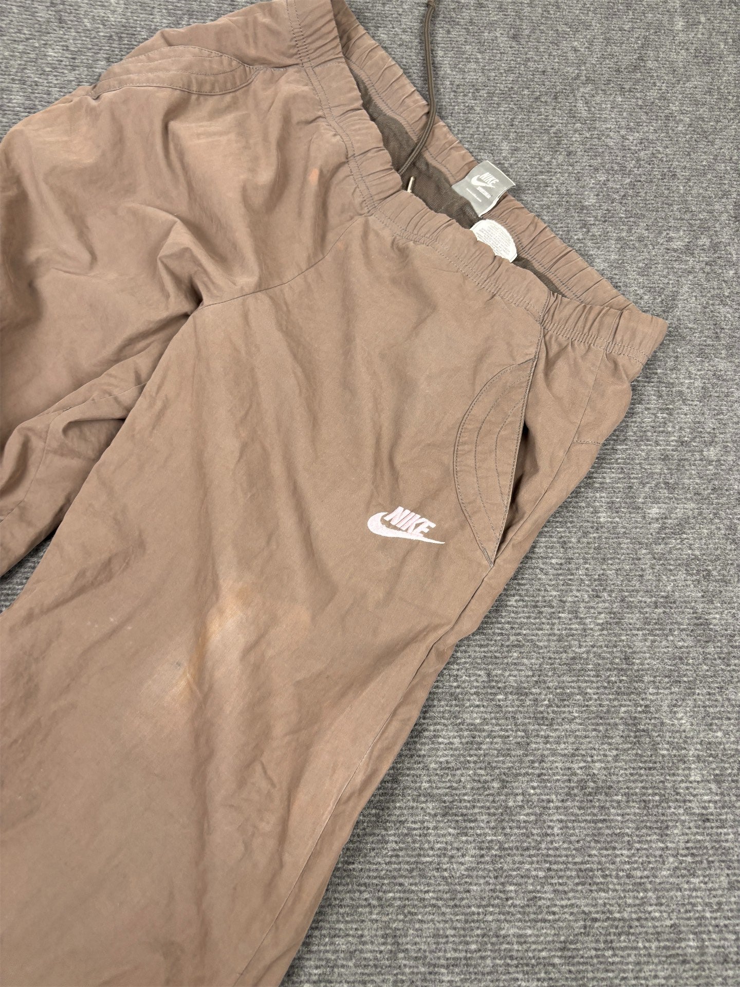 Vintage Y2K Nike Track Pants Women's M Brown Pink Logo Bungee Joggers Straight Leg