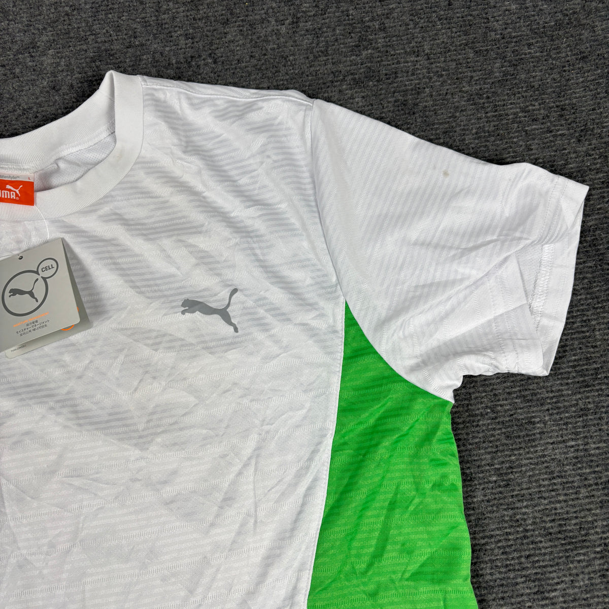 Y2K Puma Cell Running T-shirt Men's Medium White Green Japanese Dead Stock Activewear