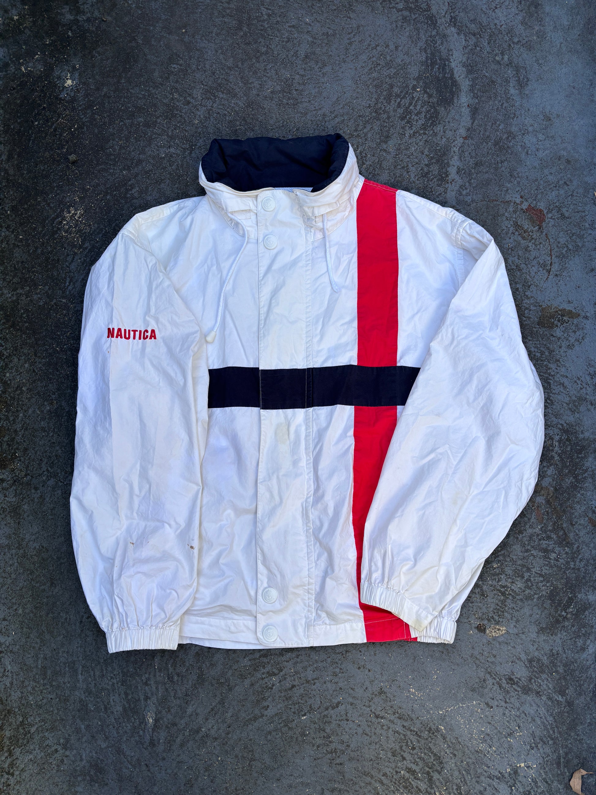 Vintage Y2K Nautica Sailing Jacket Size L Cream Red Spell Out Boxy Full Zip