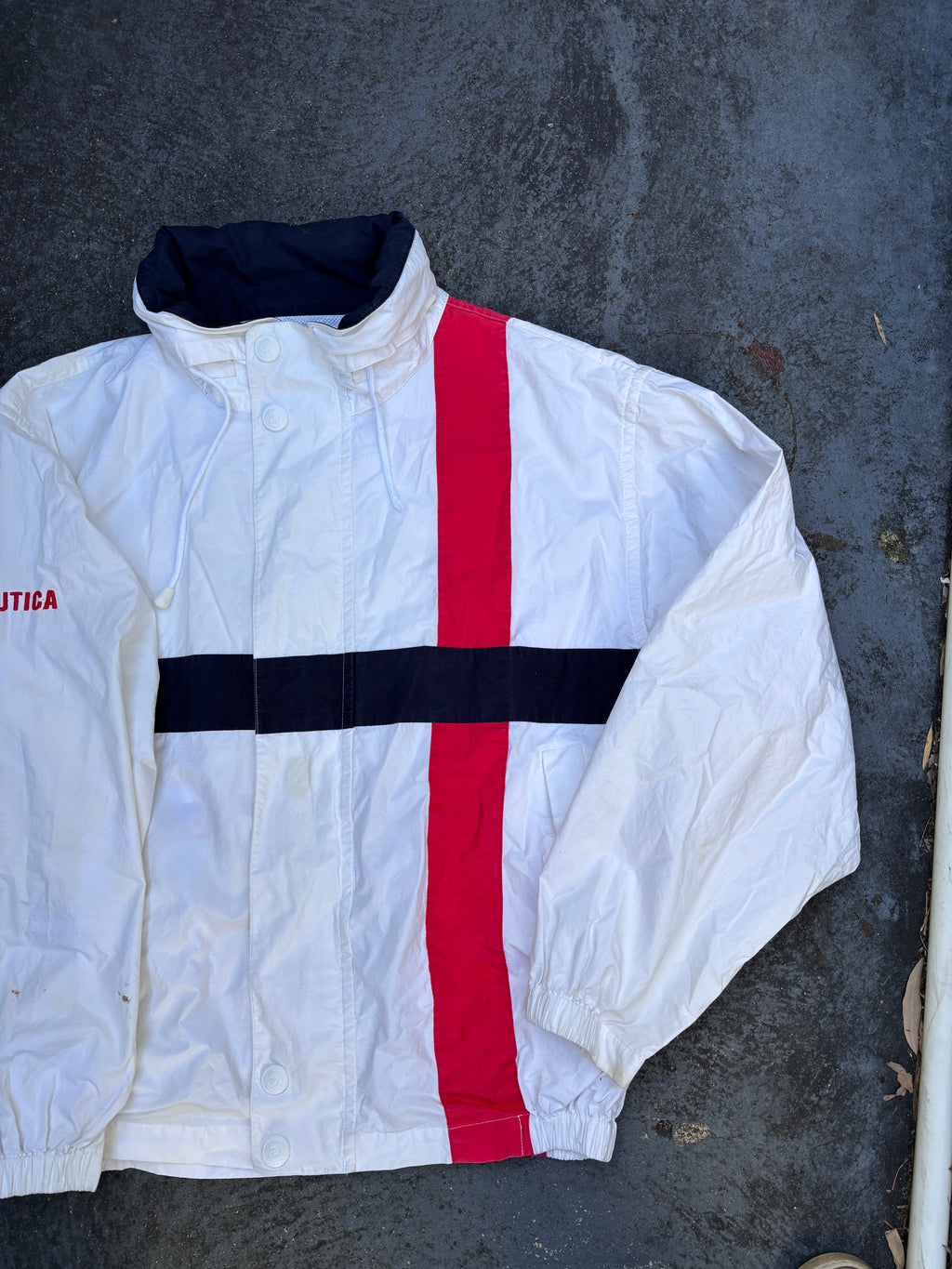 Vintage Y2K Nautica Sailing Jacket Size L Cream Red Spell Out Boxy Full Zip