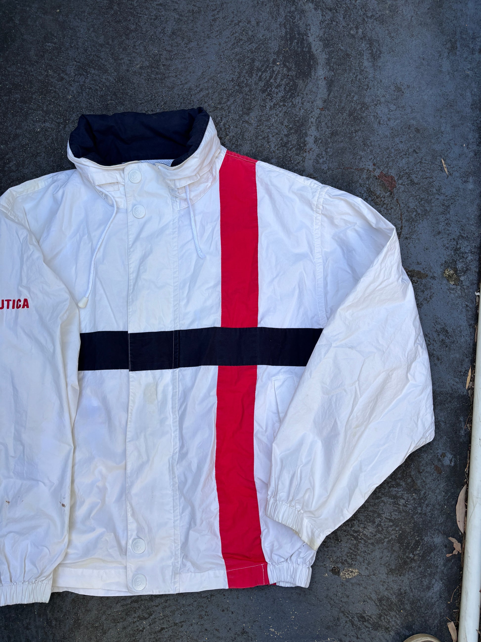 Vintage Y2K Nautica Sailing Jacket Size L Cream Red Spell Out Boxy Full Zip