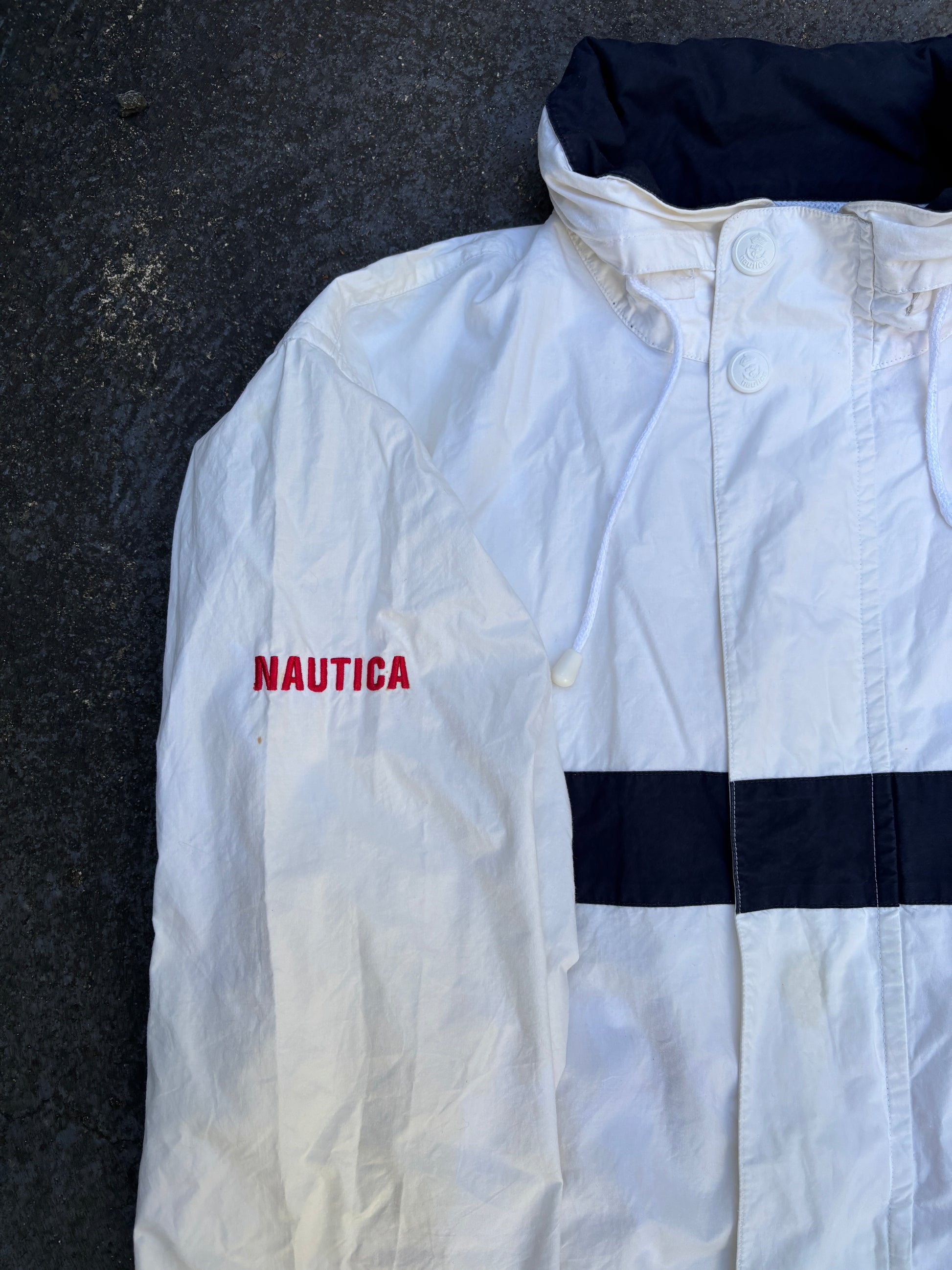 Vintage Y2K Nautica Sailing Jacket Size L Cream Red Spell Out Boxy Full Zip