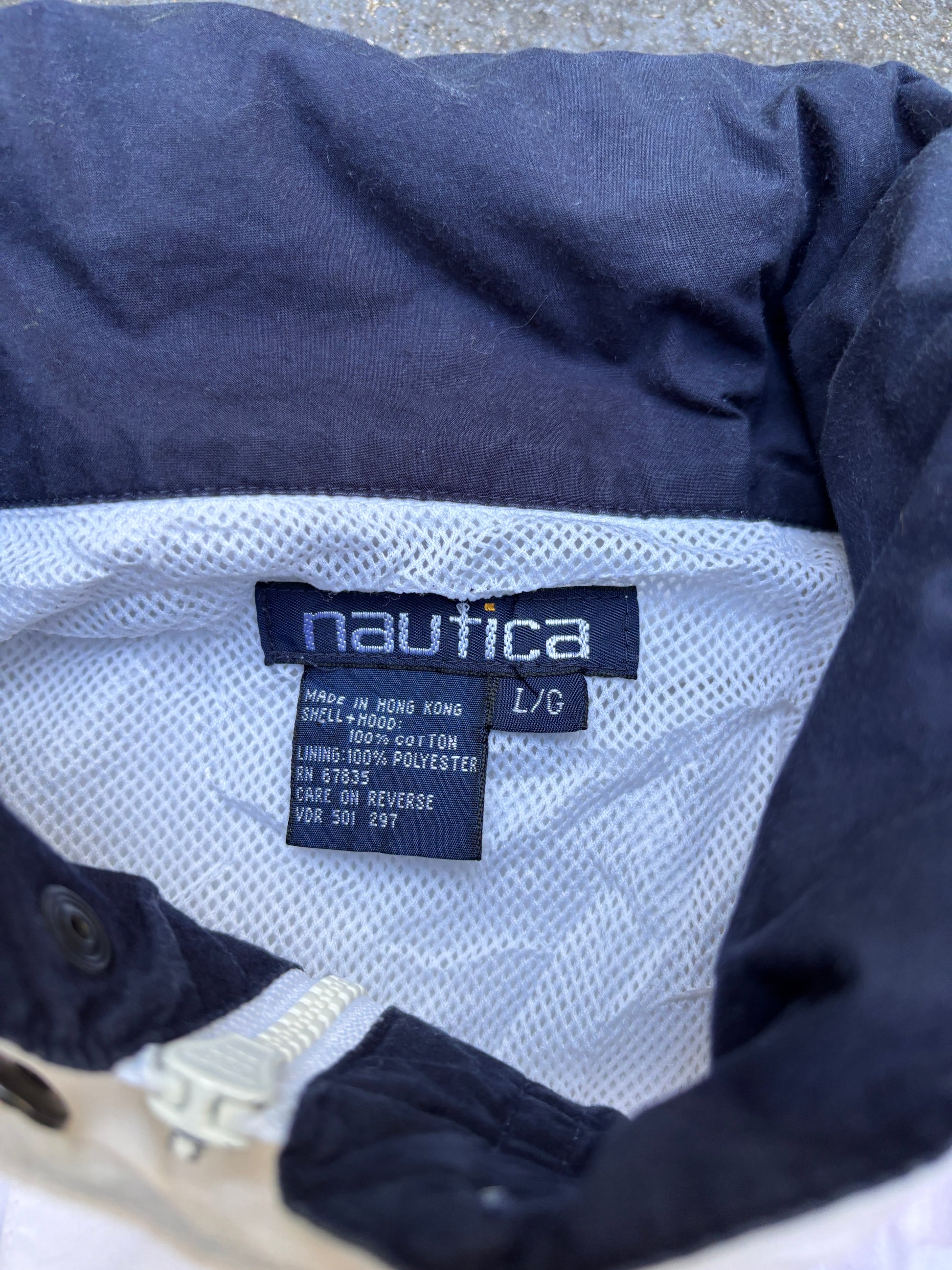 Vintage Y2K Nautica Sailing Jacket Size L Cream Red Spell Out Boxy Full Zip
