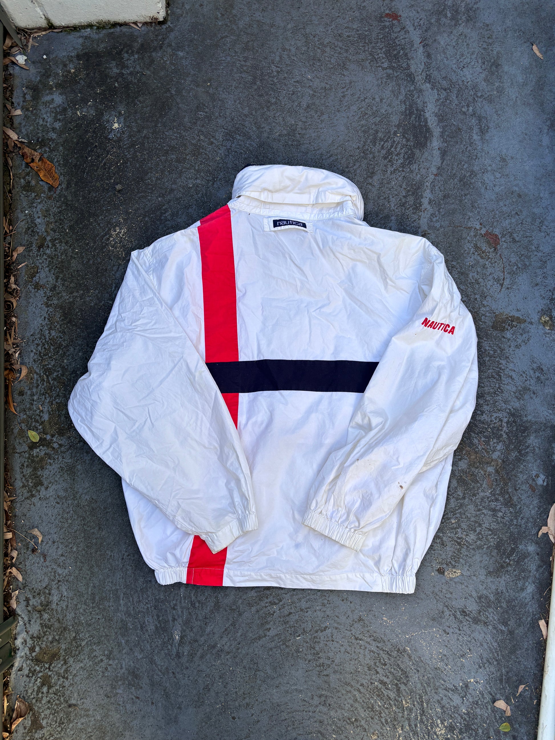 Vintage Y2K Nautica Sailing Jacket Size L Cream Red Spell Out Boxy Full Zip