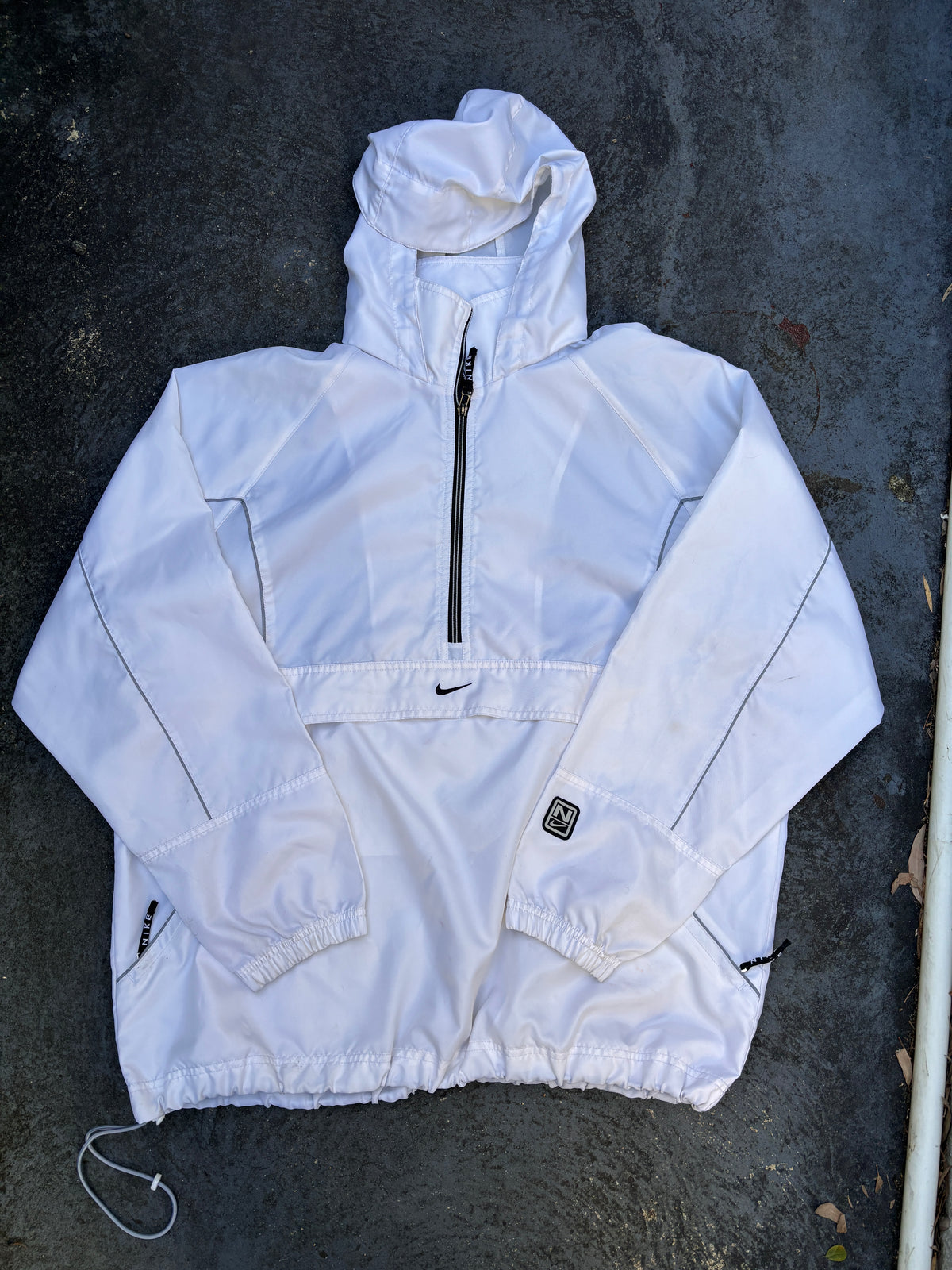 Vintage Y2K Nike 1/4 Zip Jacket Size L White Nylon Baggy Anorak Spell Out + Swoosh