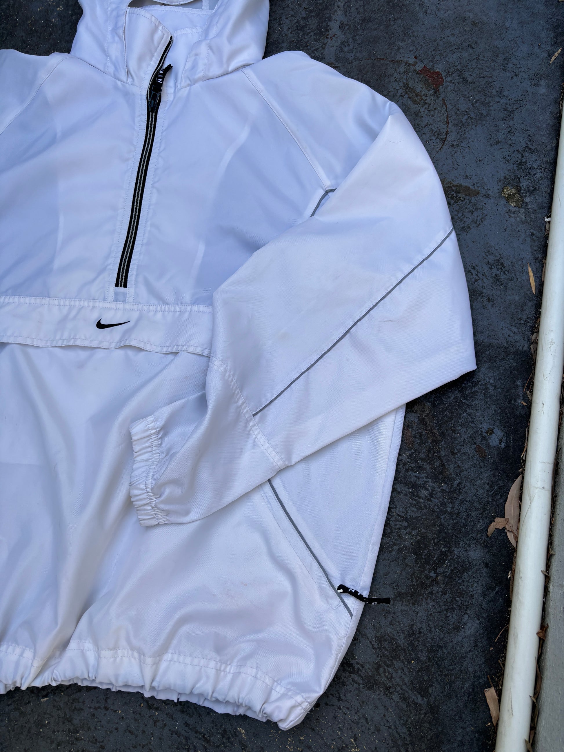 Vintage Y2K Nike 1/4 Zip Jacket Size L White Nylon Baggy Anorak Spell Out + Swoosh