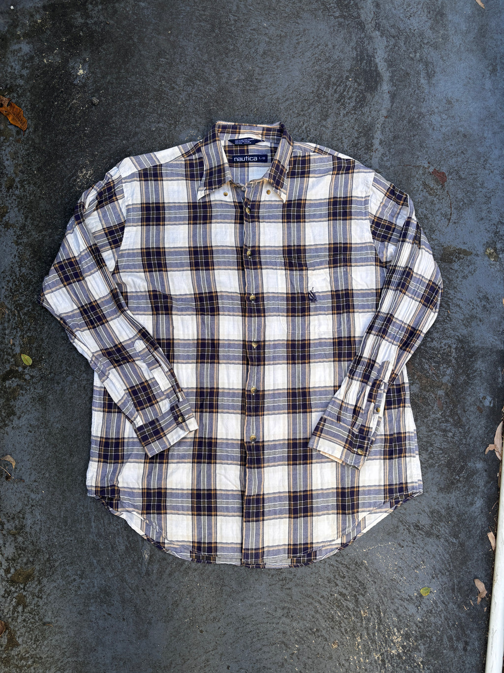 Vintage Y2K Nautica Shirt Size L Brown Check Oversized Yacht Chest Logo Long Sleeve