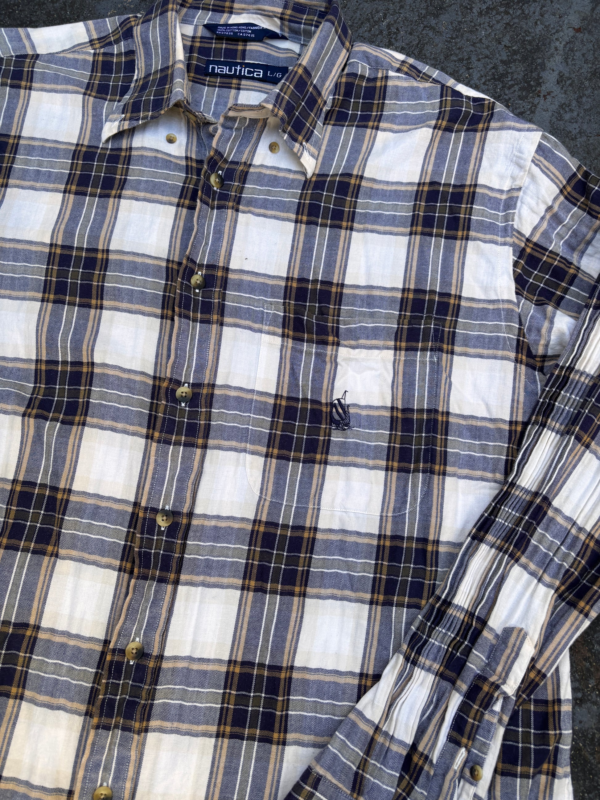 Vintage Y2K Nautica Shirt Size L Brown Check Oversized Yacht Chest Logo Long Sleeve