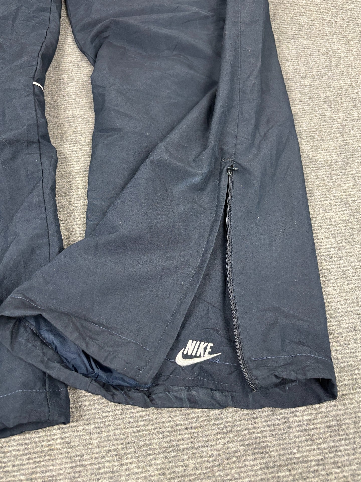Vintage Y2K Nike Track Pants Men's L Navy White Ankle Swoosh Joggers Wide Leg