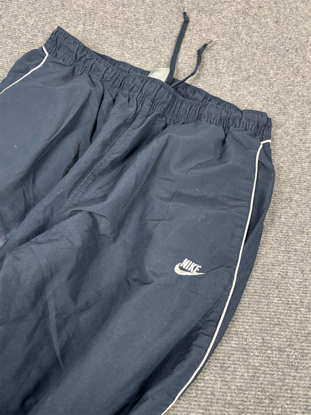 Vintage Y2K Nike Track Pants Men's L Navy White Ankle Swoosh Joggers Wide Leg
