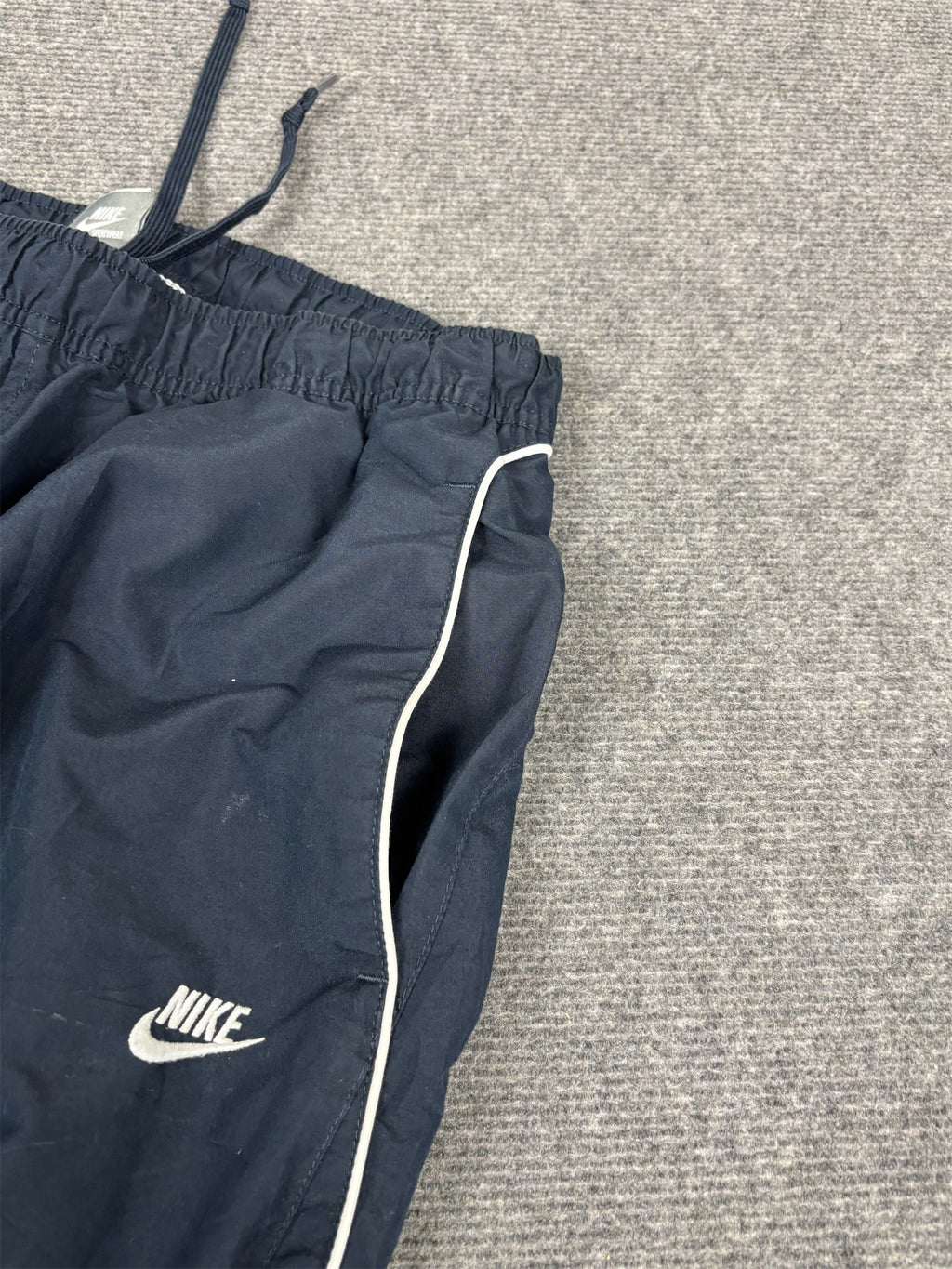 Vintage Y2K Nike Track Pants Men's L Navy White Ankle Swoosh Joggers Wide Leg