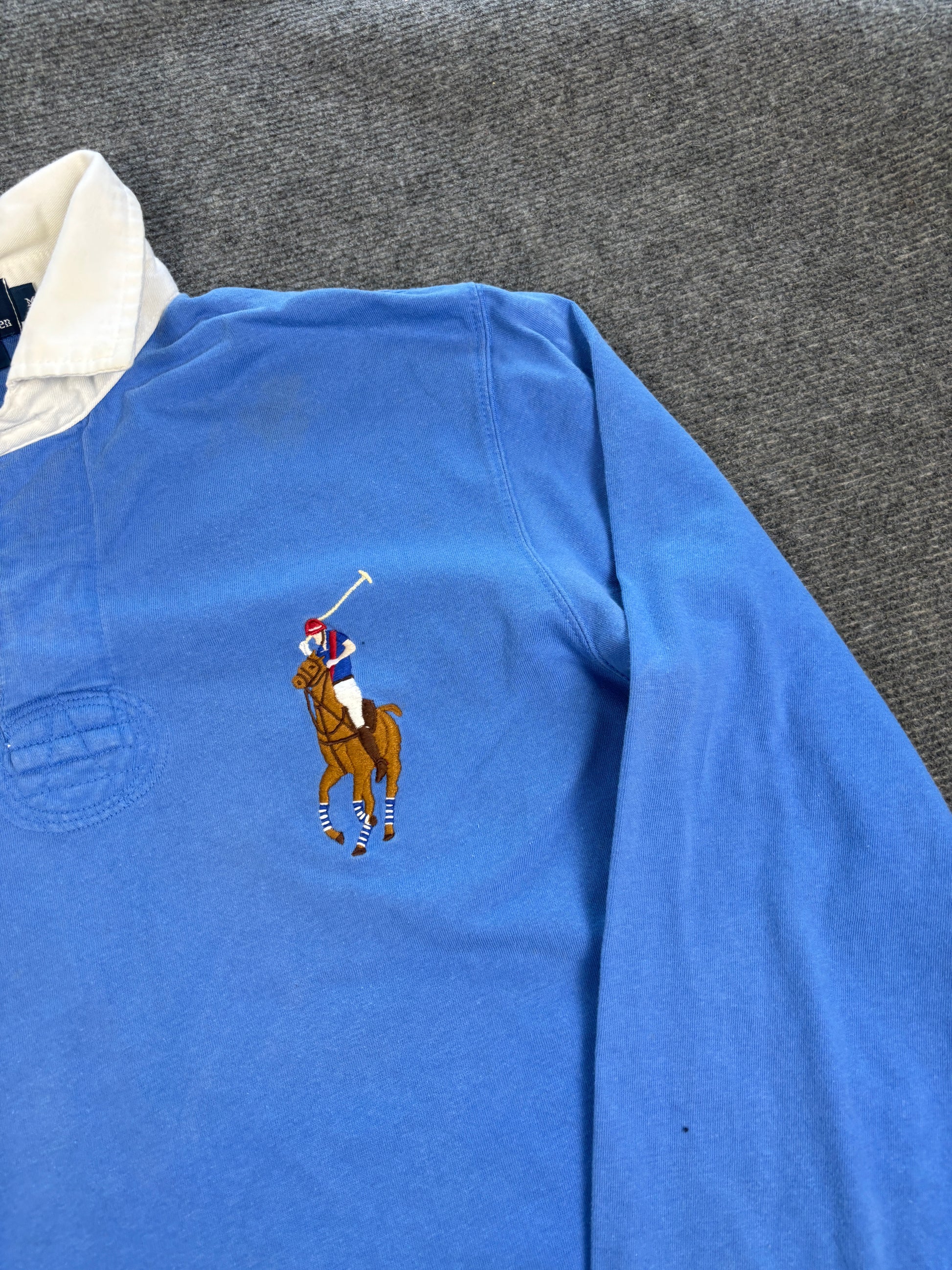 Vintage 90's Ralph Lauren Rugby Polo Men's M Blue Big Pony Coloured Embroidered Collared