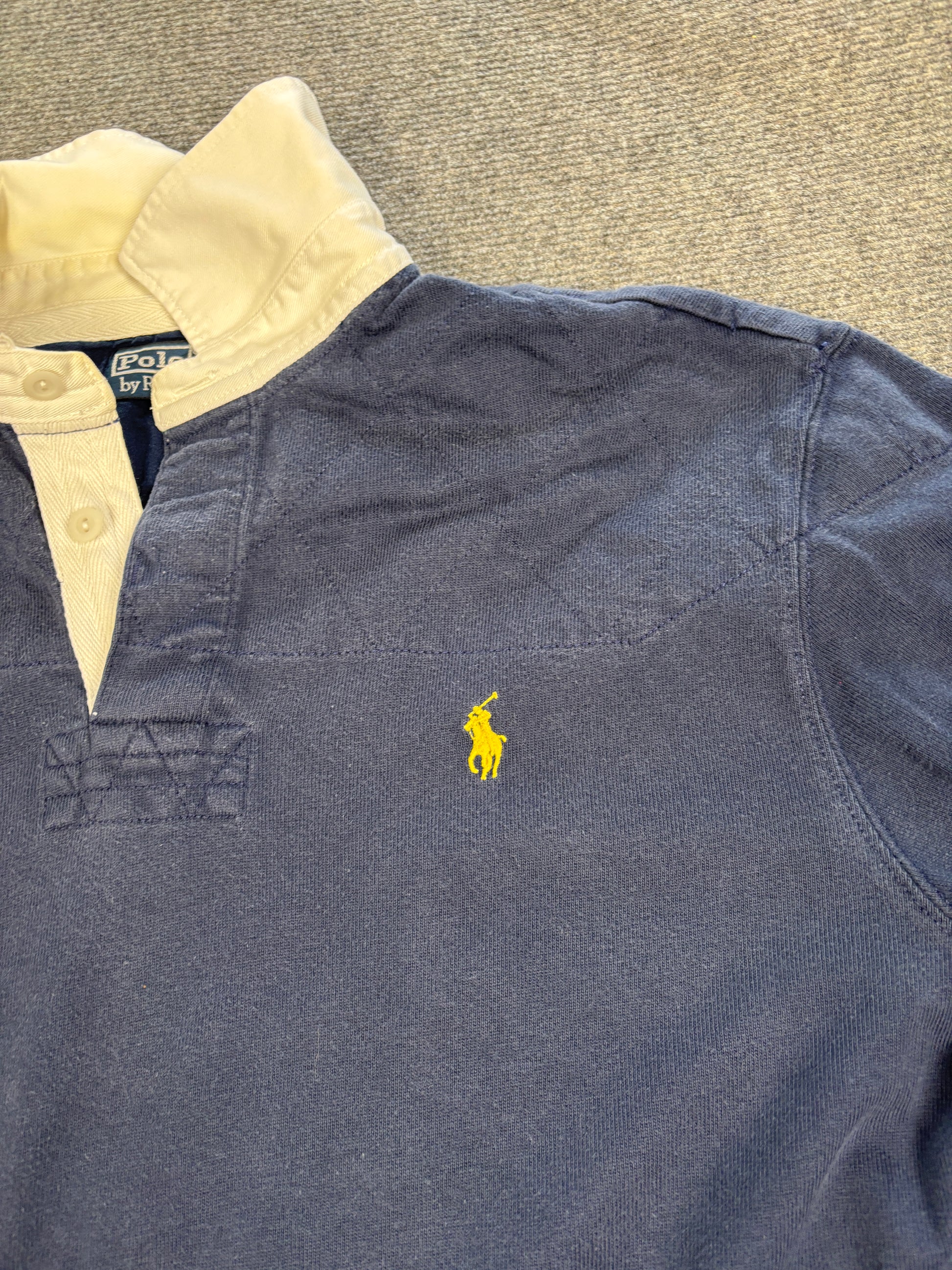 Vintage 90's Ralph Lauren Rugby Polo Men's L Navy Yellow Pony Collared