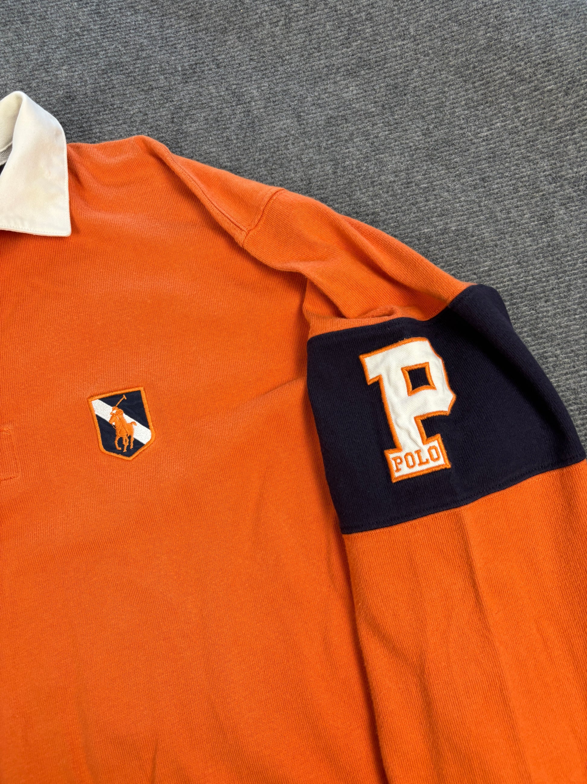 Vintage 90's Ralph Lauren Rugby Polo Men's L Orange Oversized Badge Logo Pony Collared