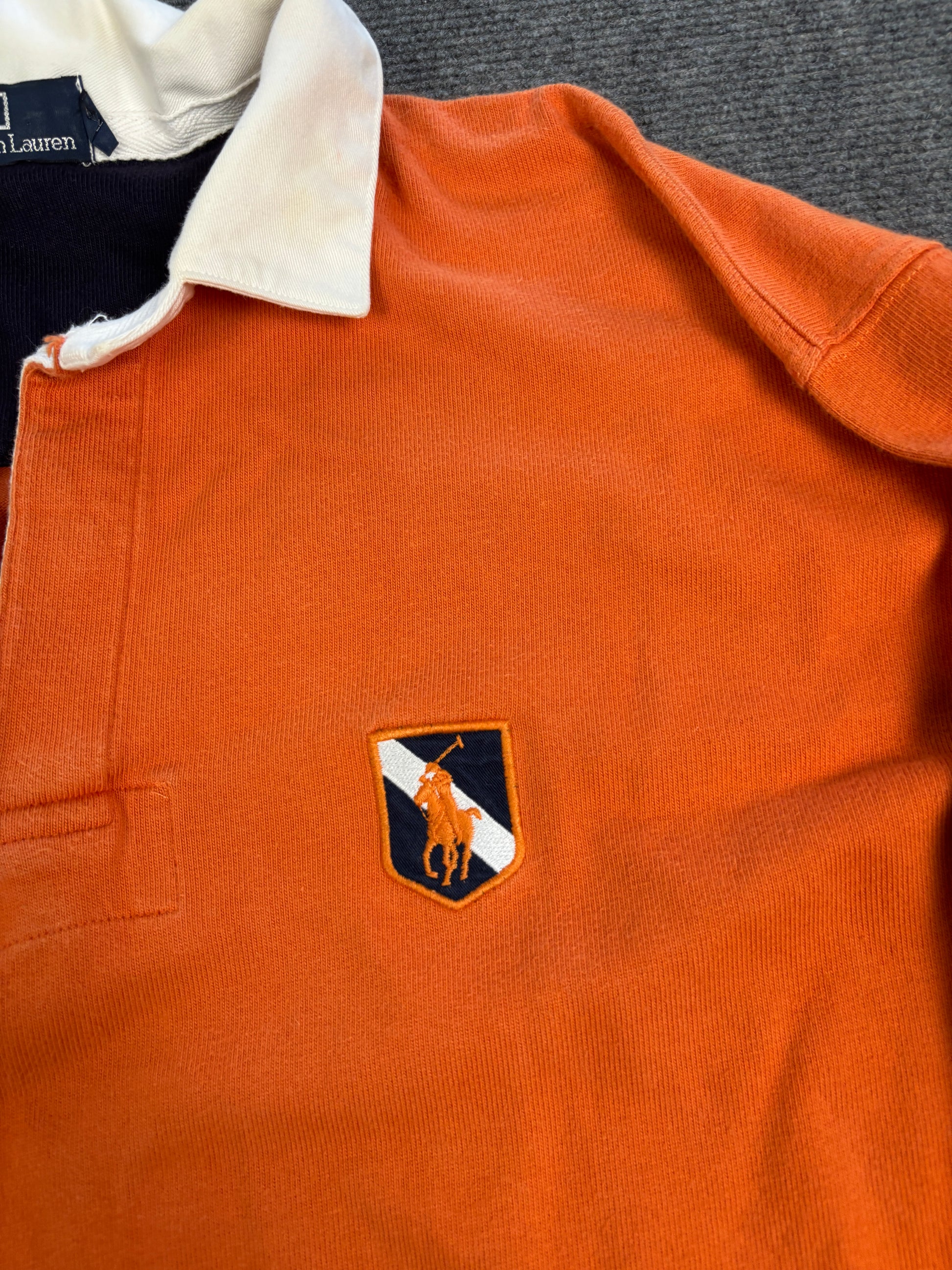 Vintage 90's Ralph Lauren Rugby Polo Men's L Orange Oversized Badge Logo Pony Collared