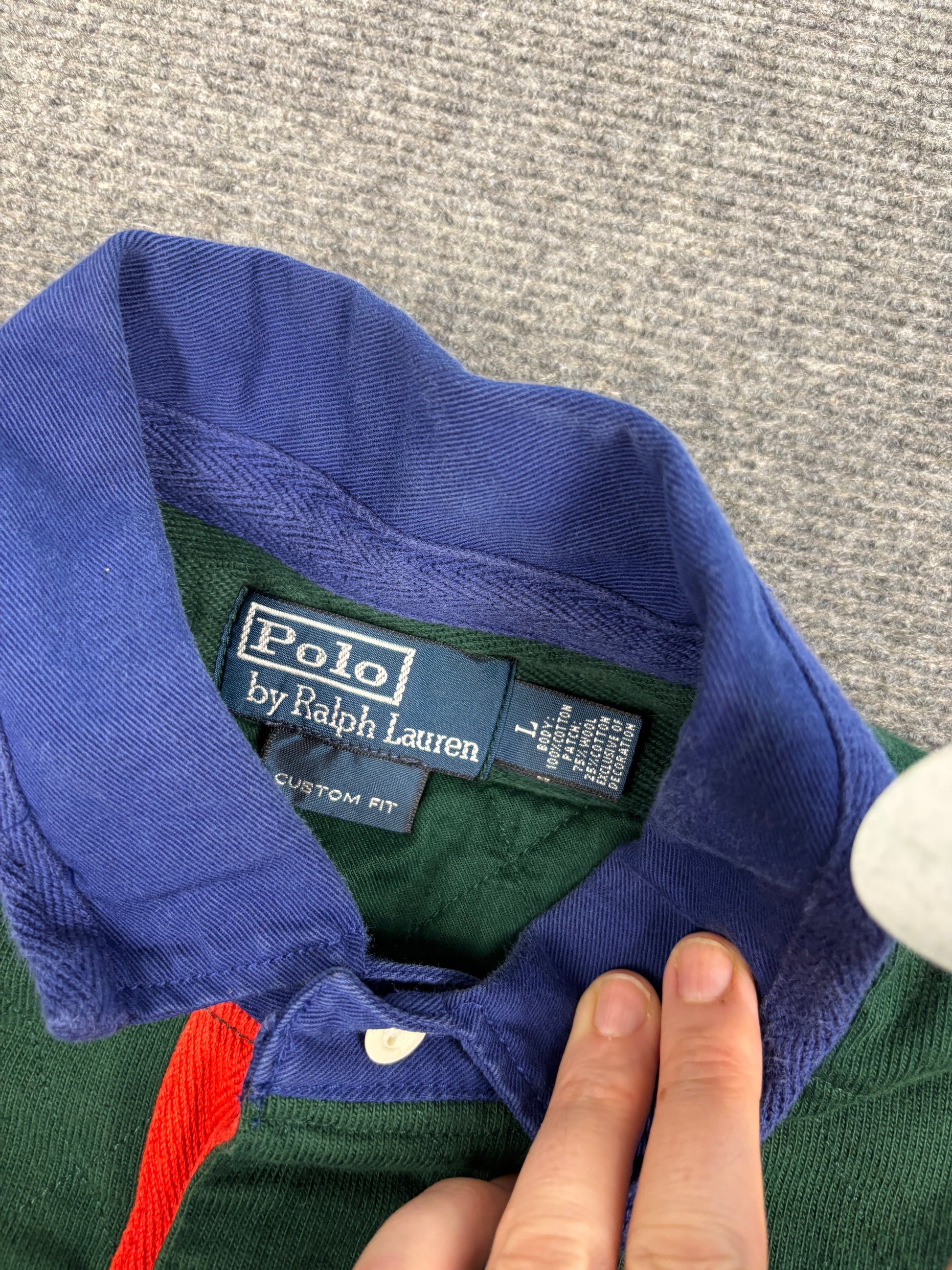 Vintage 90's Ralph Lauren Rugby Polo Men's L Green RL Regiment Wire Eagle Badge Collared