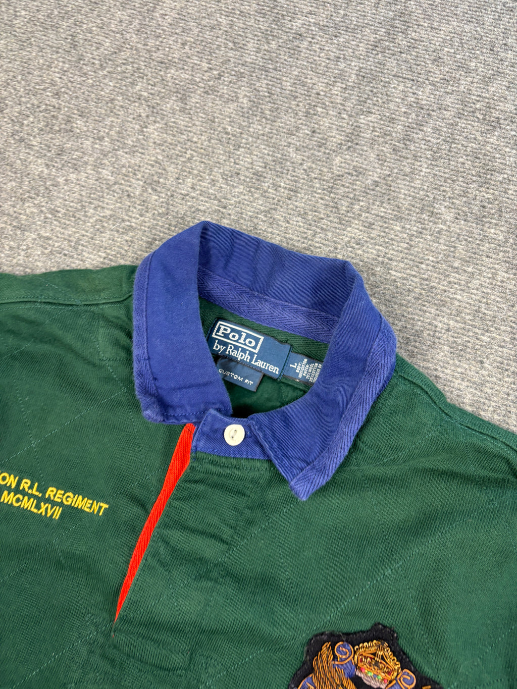 Vintage 90's Ralph Lauren Rugby Polo Men's L Green RL Regiment Wire Eagle Badge Collared