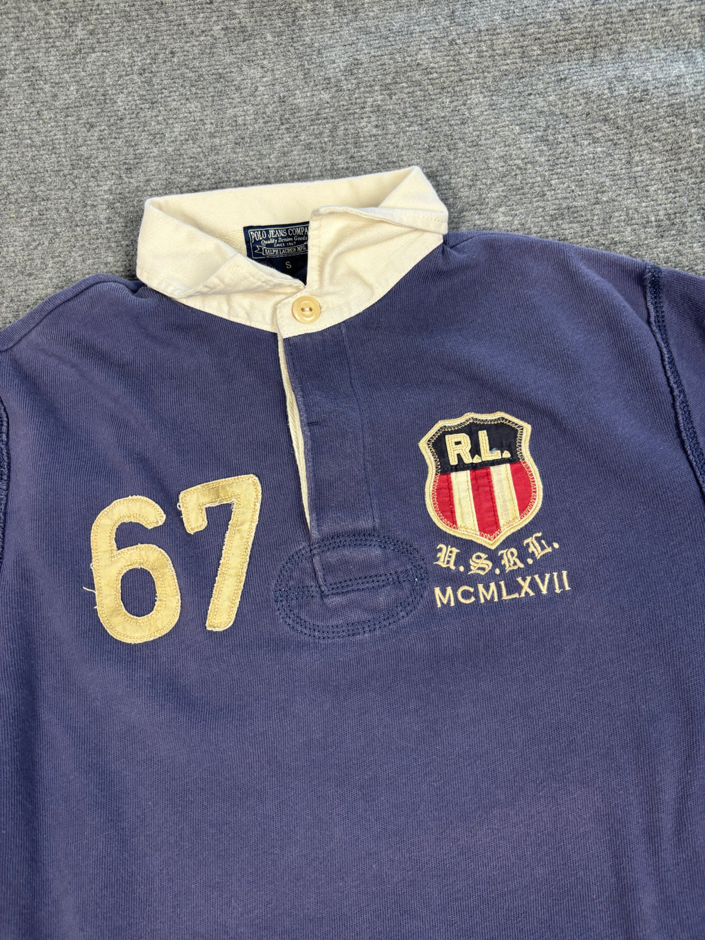 Vintage 90's Ralph Lauren Rugby Polo Men's S Blue Grey Embroidered Badges Logos Collared