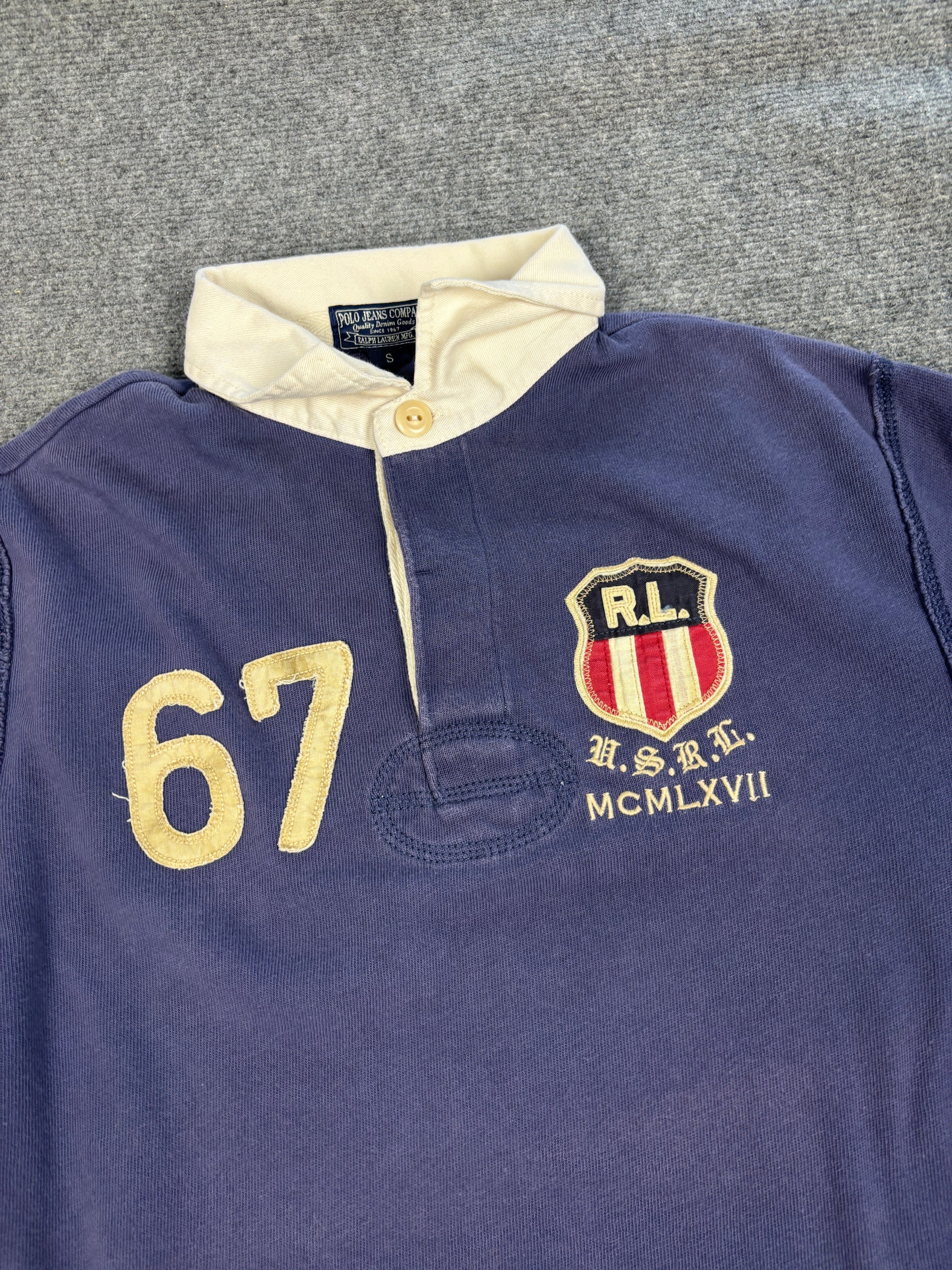 Vintage 90's Ralph Lauren Rugby Polo Men's S Blue Grey Embroidered Badges Logos Collared